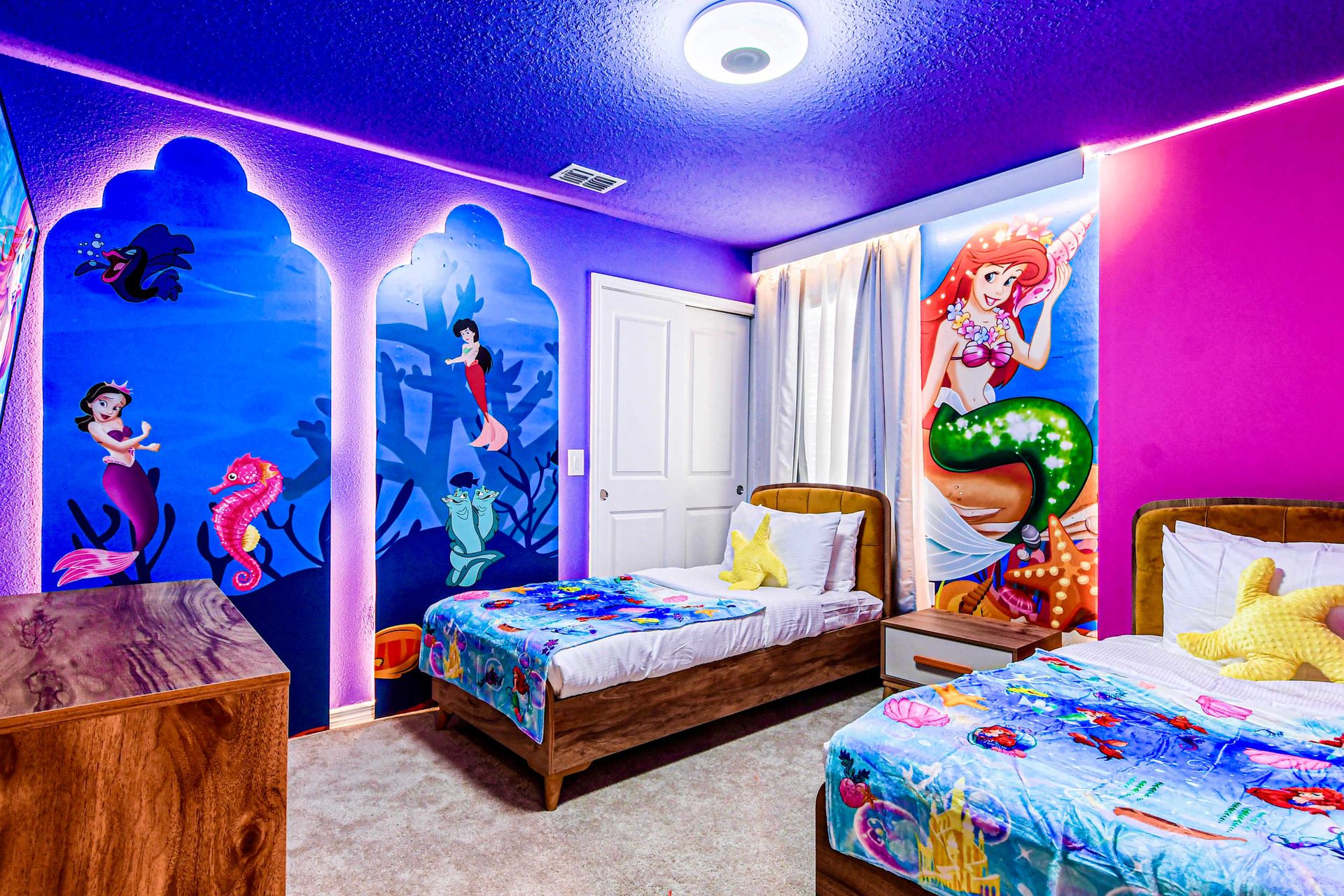Under-the-sea themed room with twin beds, vibrant murals, and mermaid magic!
