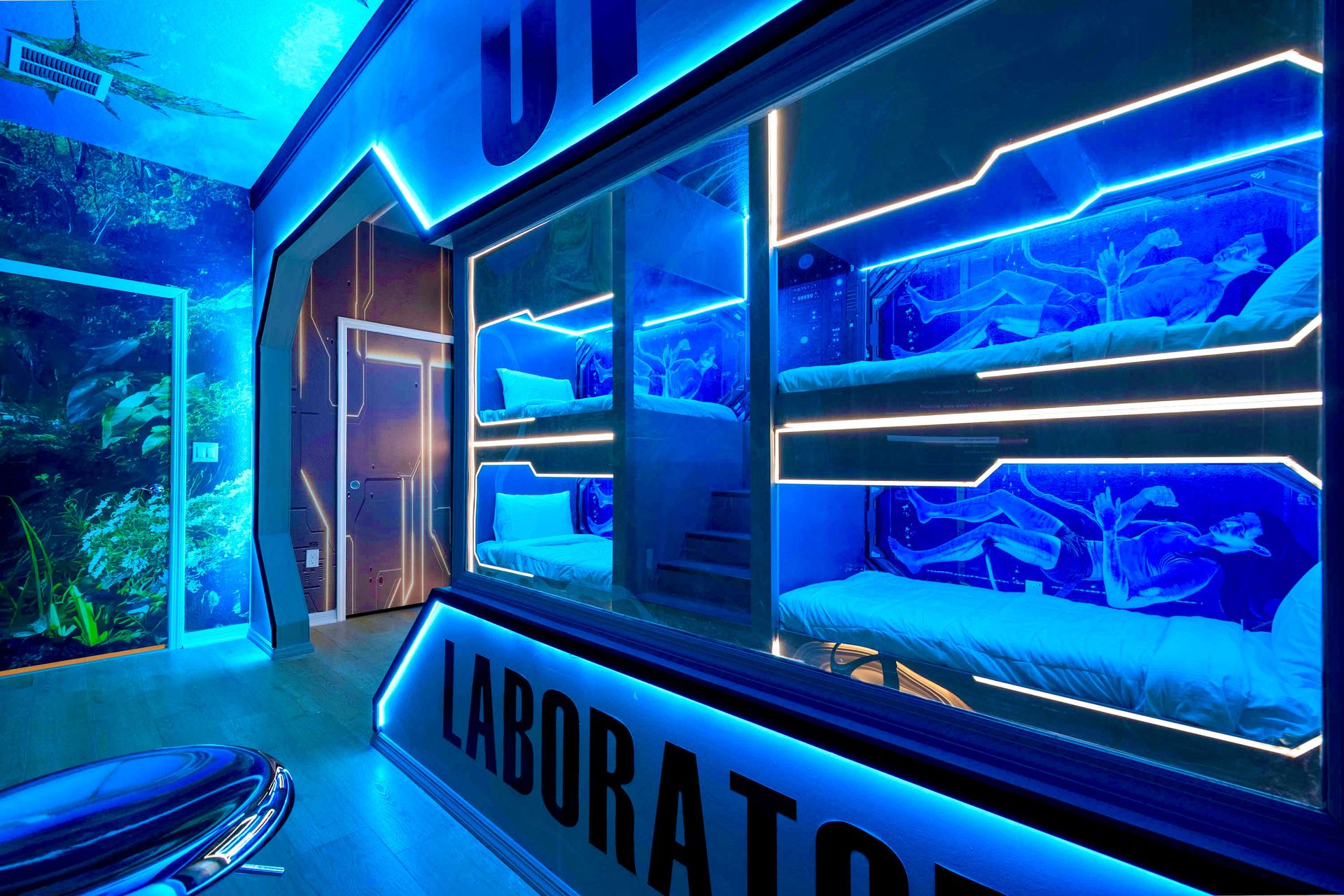 Futuristic bunk room with glowing neon lights and immersive sci-fi lab theme
