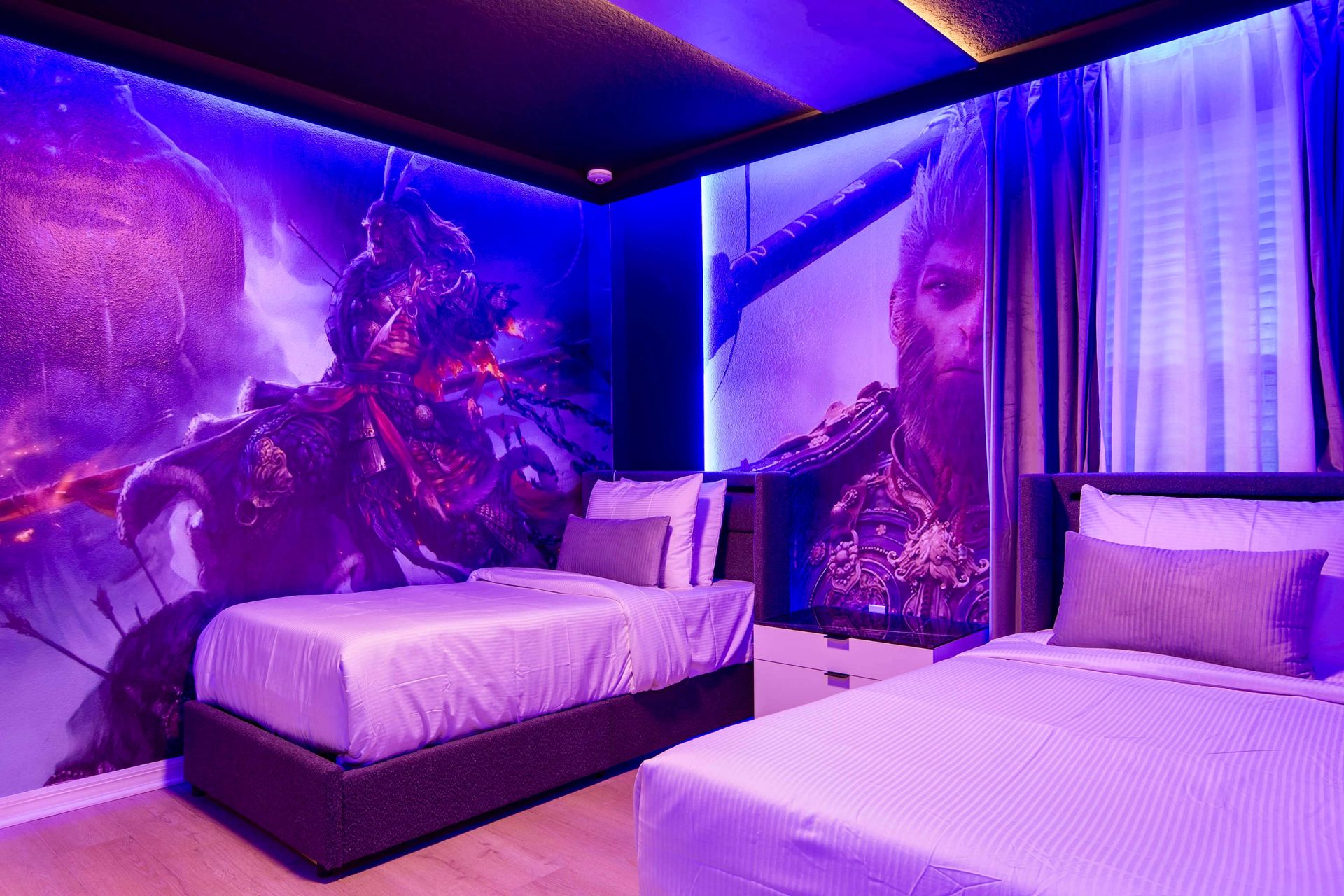 Epic fantasy-themed bedroom with glowing purple lights and warrior wall murals
