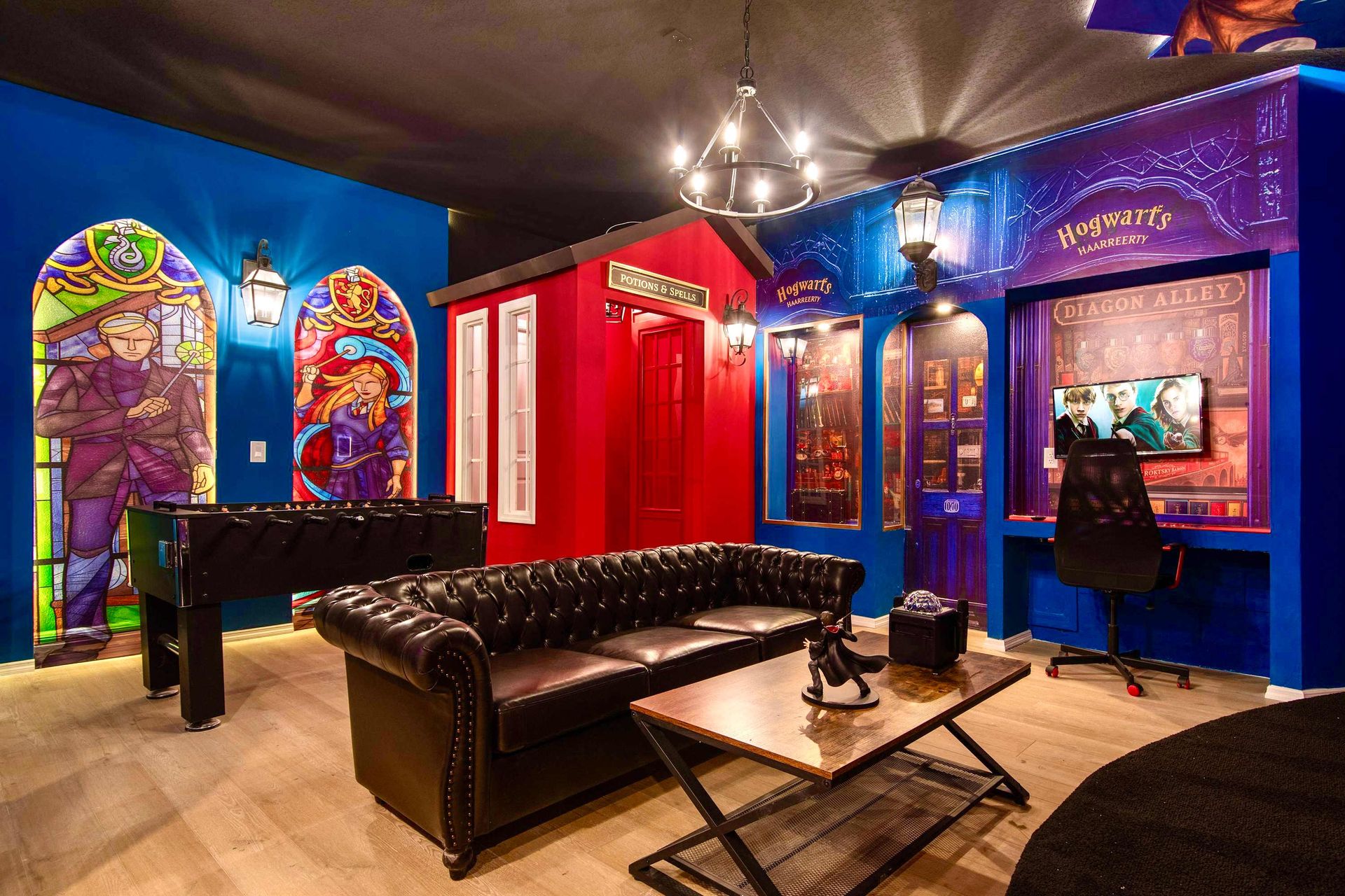 Magical game room with wizard-themed decor, foosball, and cozy lounge vibes

