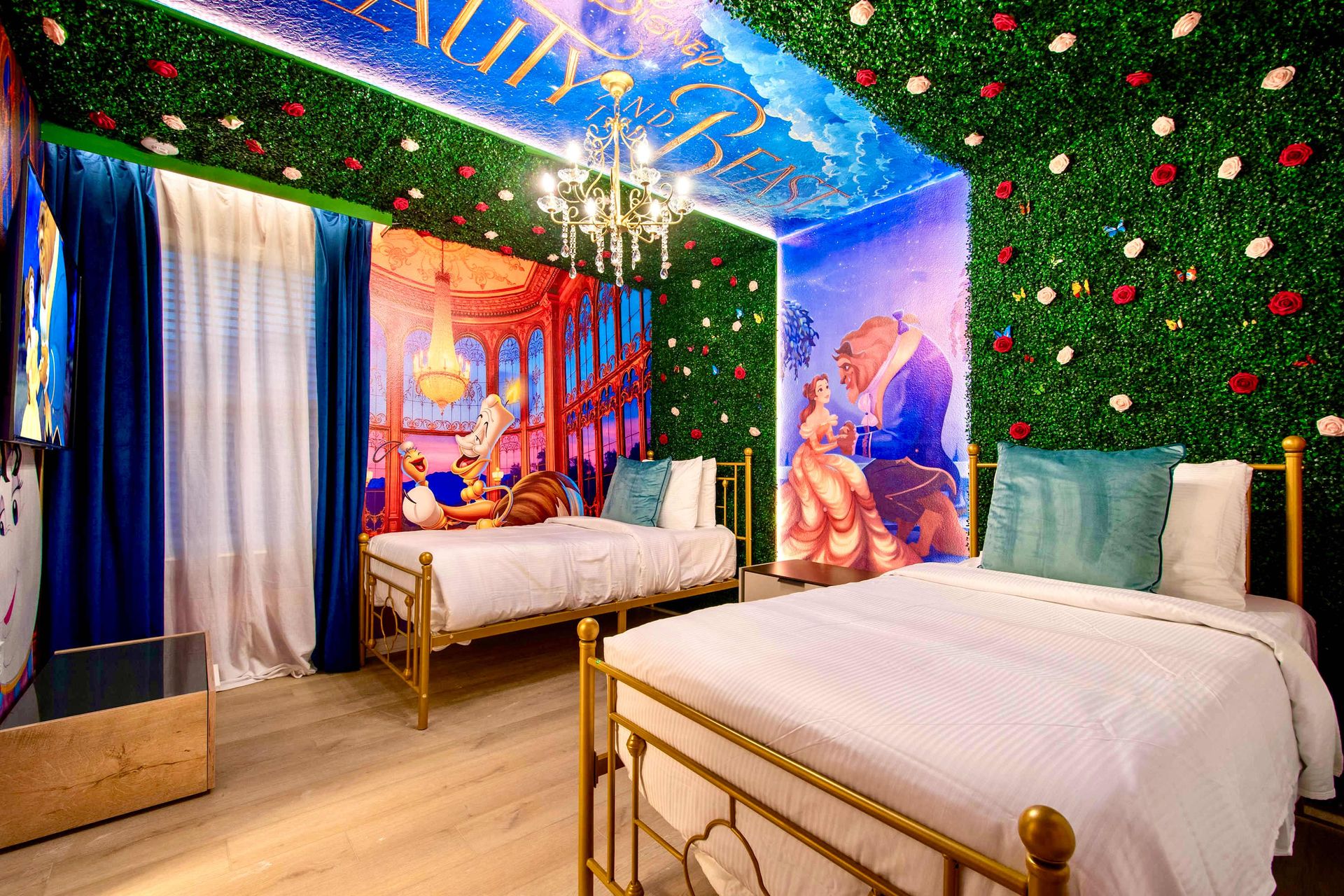 Enchanting Beauty and the Beast room with rose garden walls and storybook charm
