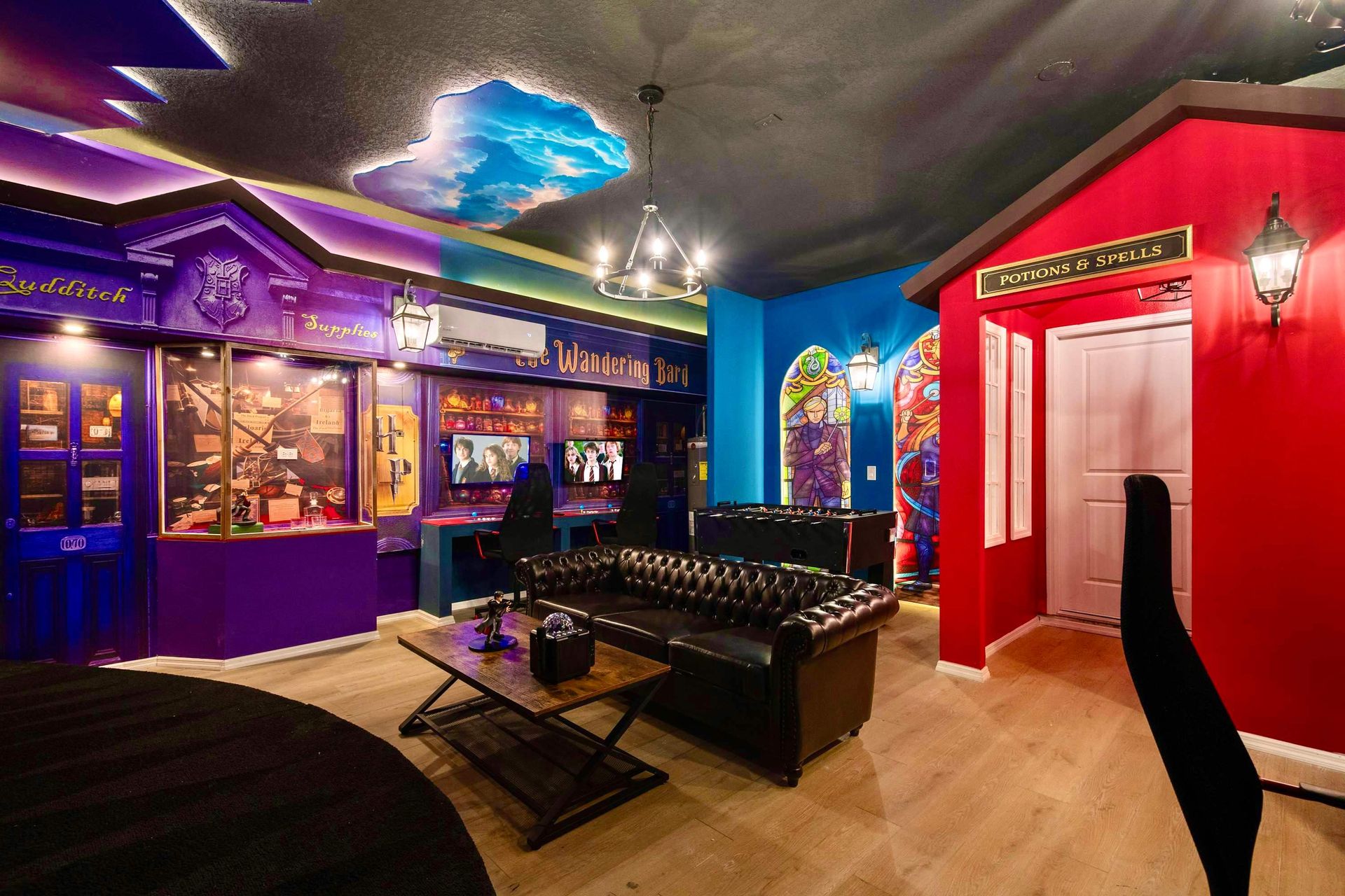 Immersive wizard-themed lounge with gaming stations, foosball, and enchanted decor
