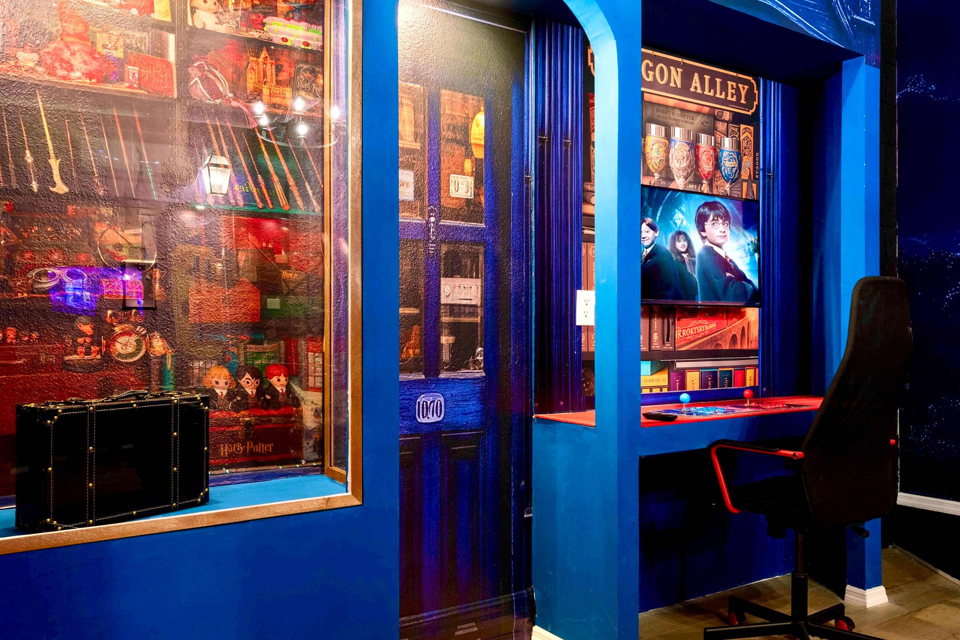 Whimsical Diagon Alley-themed workspace with magical details and vibrant decor
