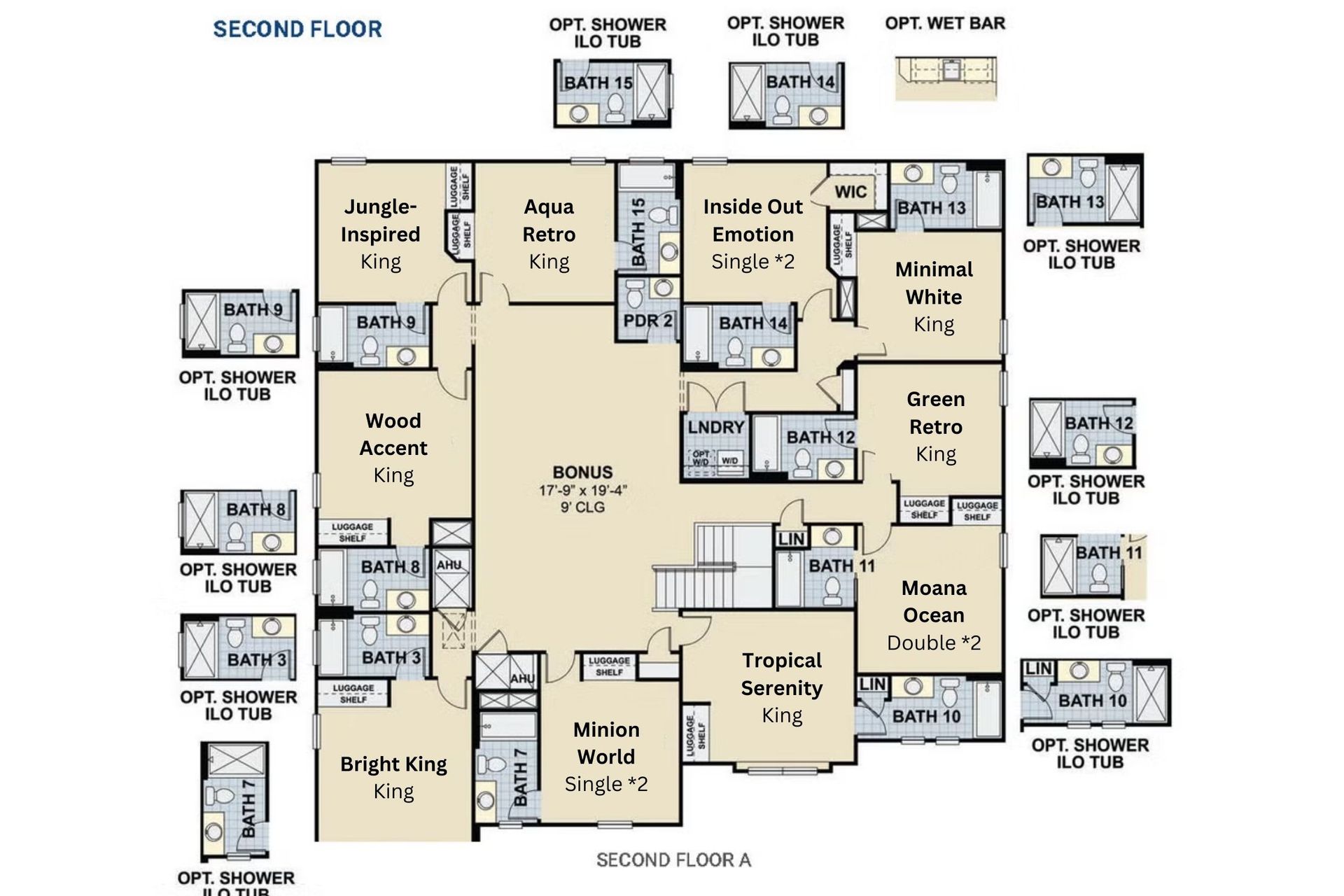 Spacious second floor with themed bedrooms, ensuite baths, and loft-style retreat
