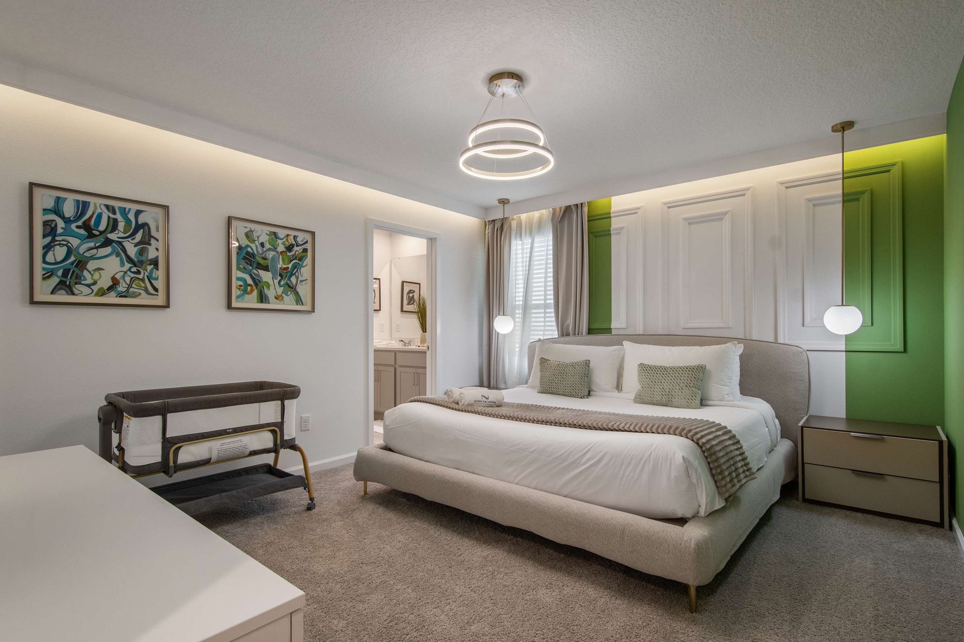 Elegant King Bedroom with Modern Lighting, Accent Wall & Ensuite Bathroom

