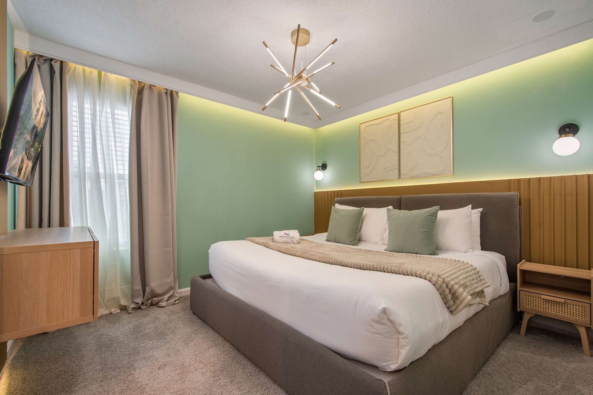 Tranquil King Bedroom with Soft Green Walls, Modern Lighting & Cozy Vibes
