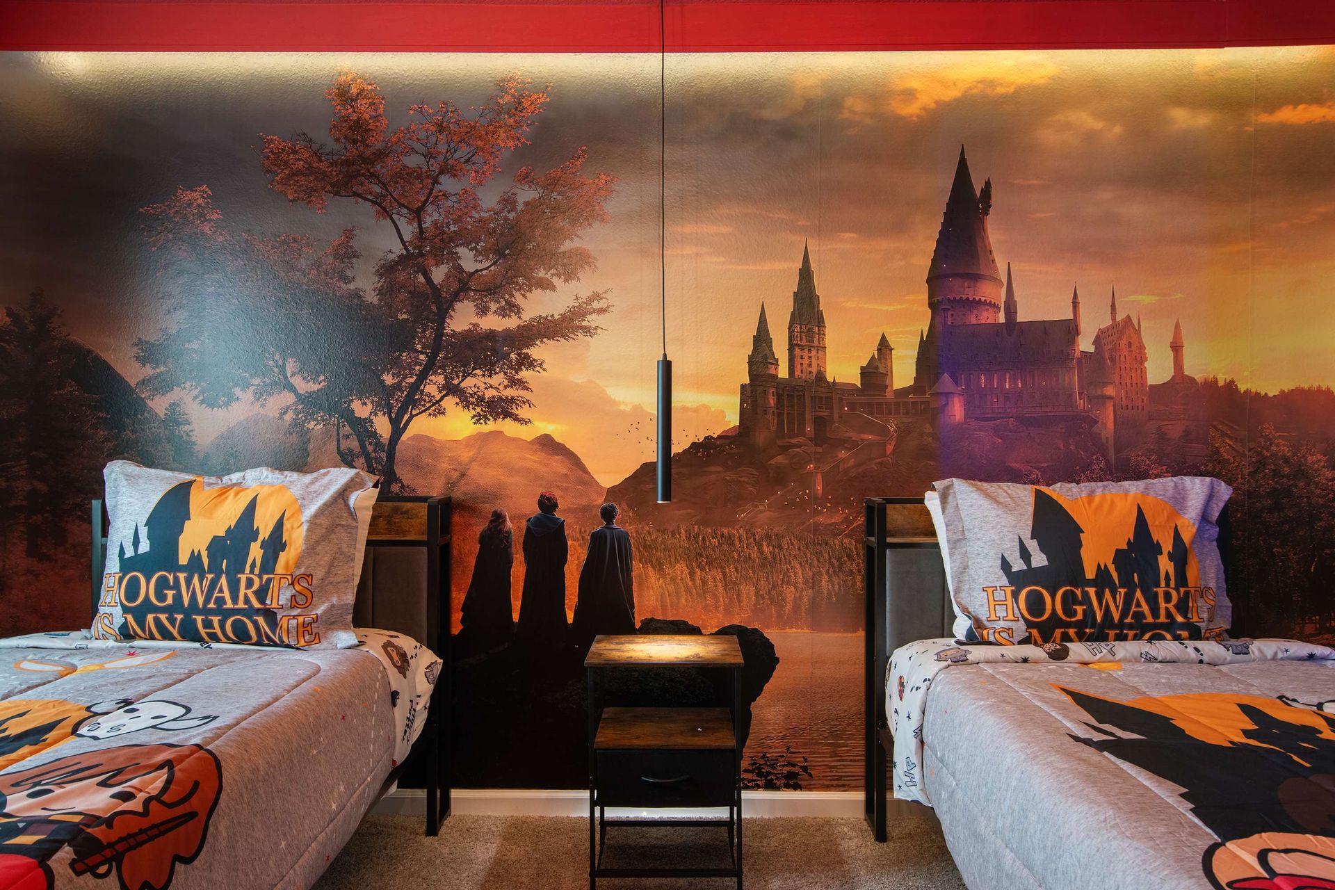 Enchanting Hogwarts-Themed Room with Castle Mural, Twin Beds & Wizard Decor
