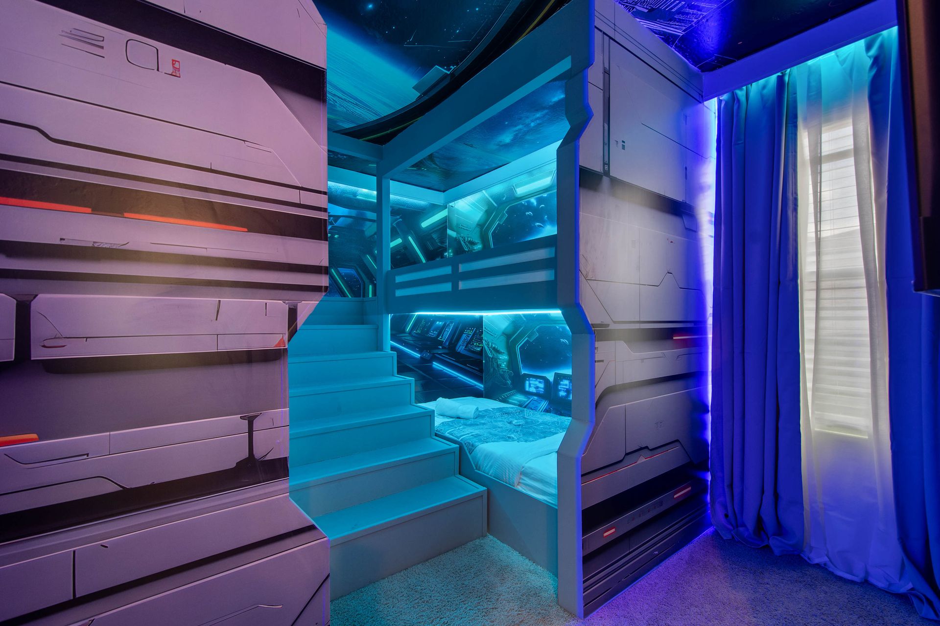 Futuristic Space Bunk Room with LED Glow, Starship Walls & Sci-Fi Ambiance
