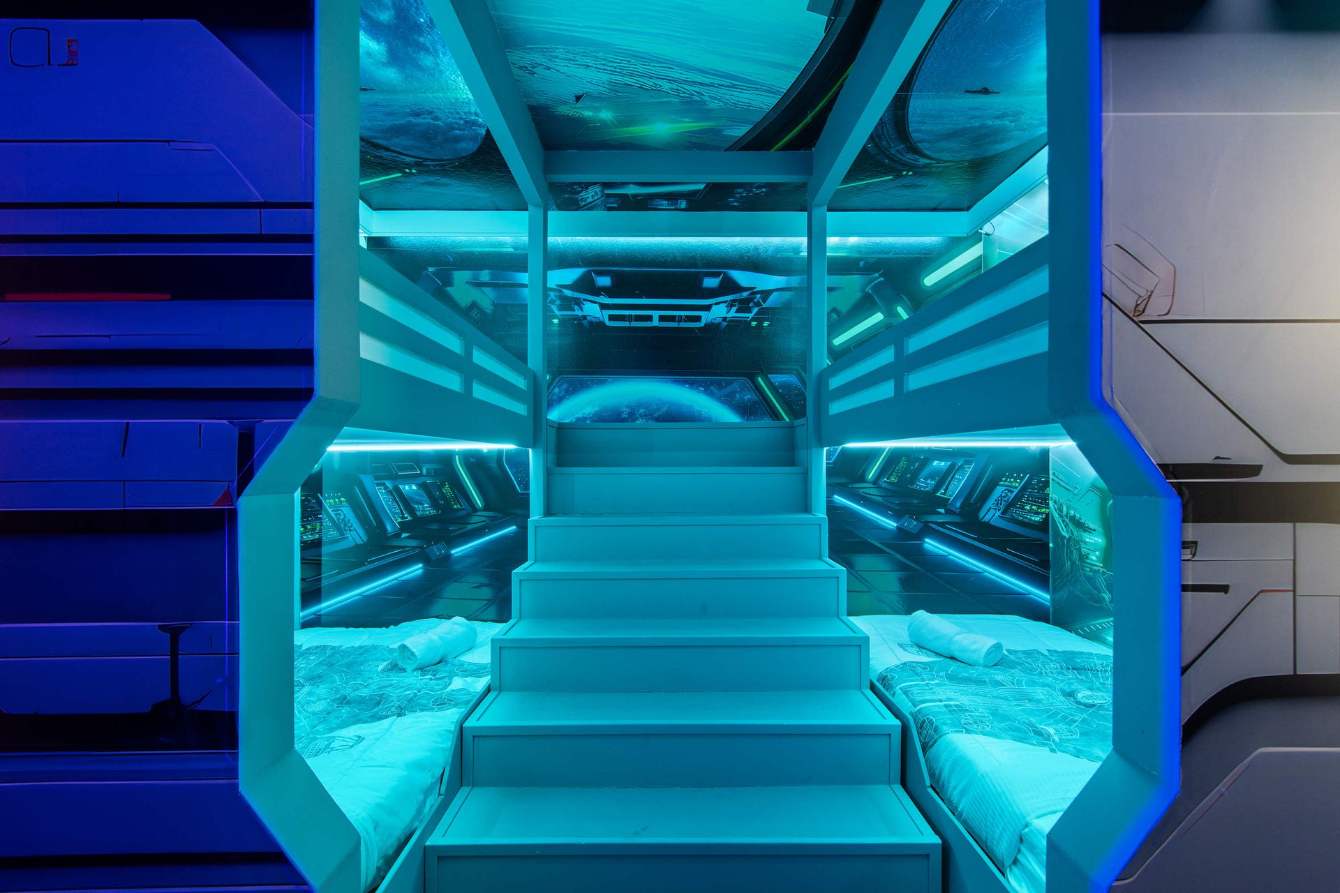 Futuristic Space Pod Bedroom with Bunk Beds, LED Glow, and Sci-Fi Vibes
