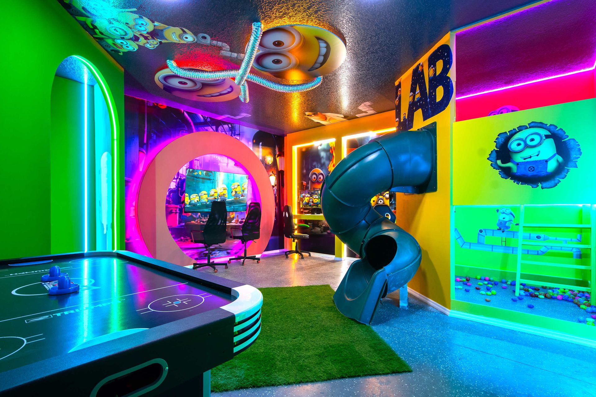 Ultimate Minion Lab Playroom with Slide, Air Hockey, Ball Pit & Neon Lights
