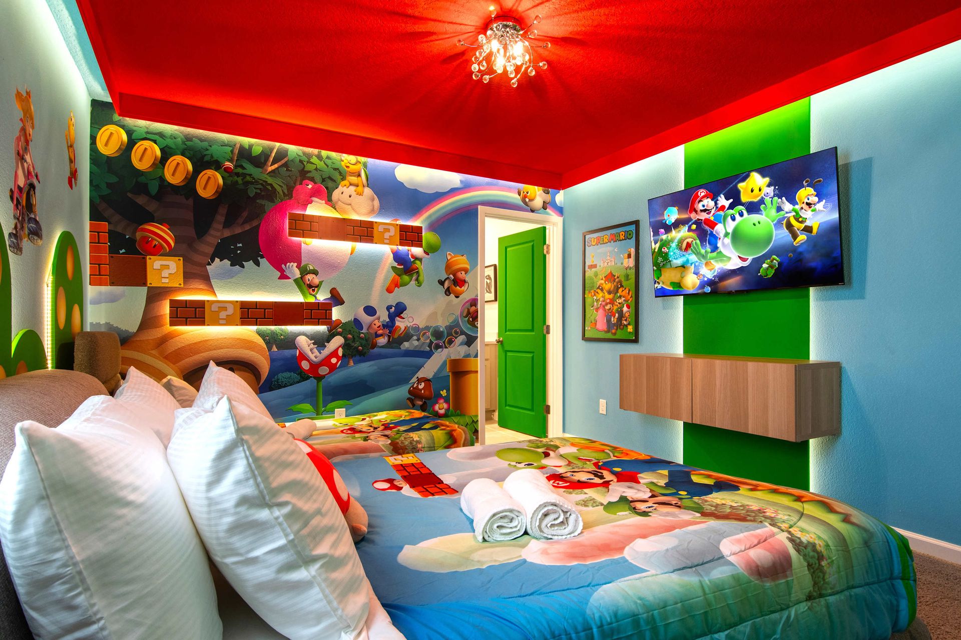 Colorful Mario-Themed Bedroom with Game Console, Wall Art & Cozy Vibes
