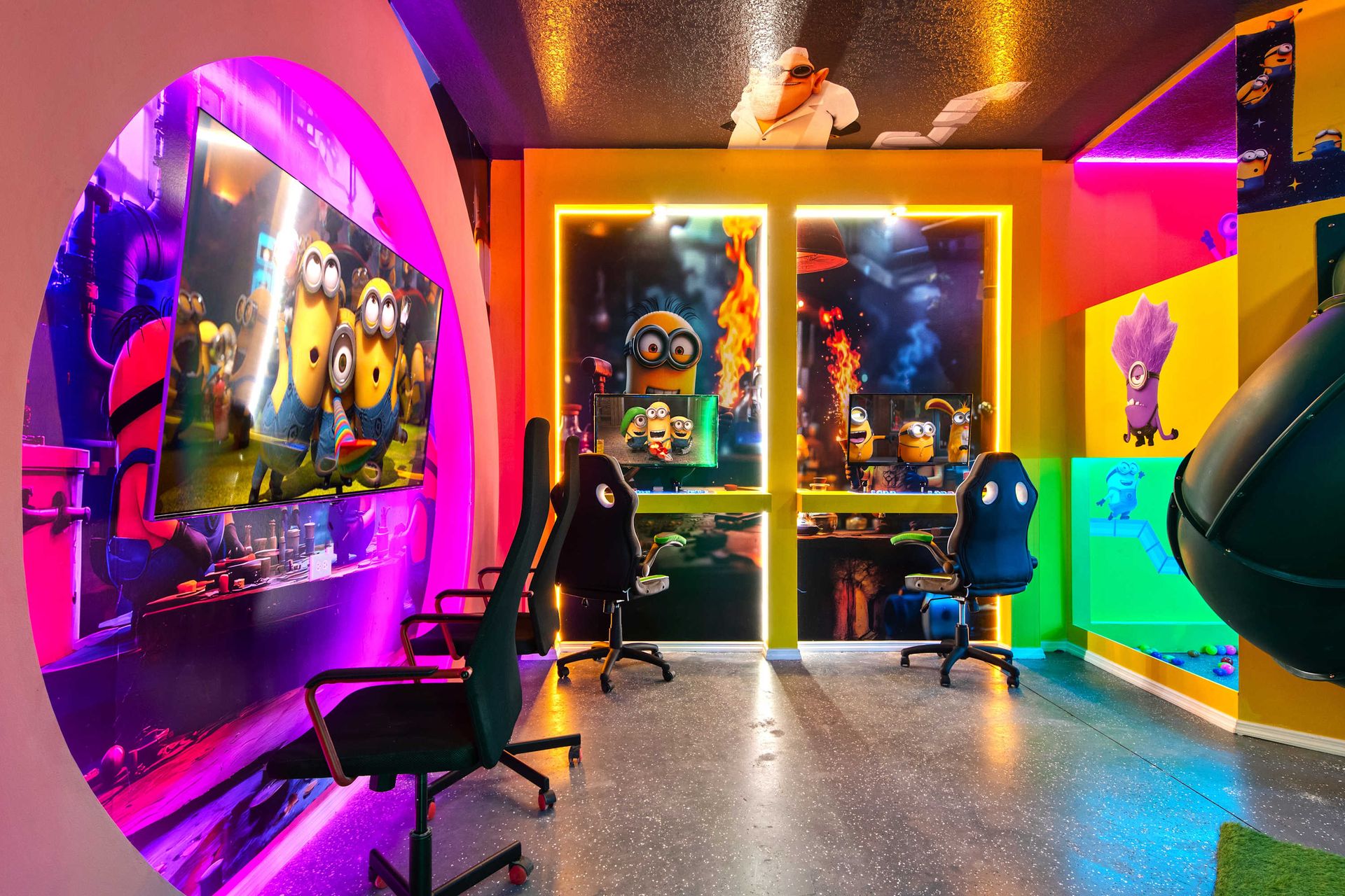 Immersive Minion Game Zone with LED Lights, Gaming Chairs & Wall Murals
