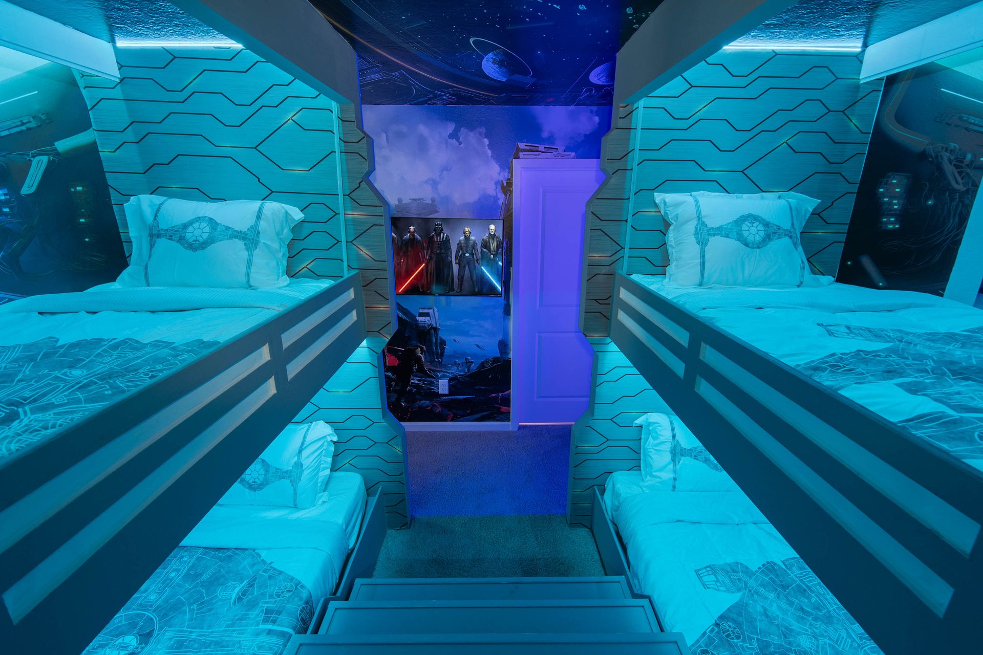 Galactic-Themed Bunk Room with LED Lighting, Space Murals & Futuristic Design
