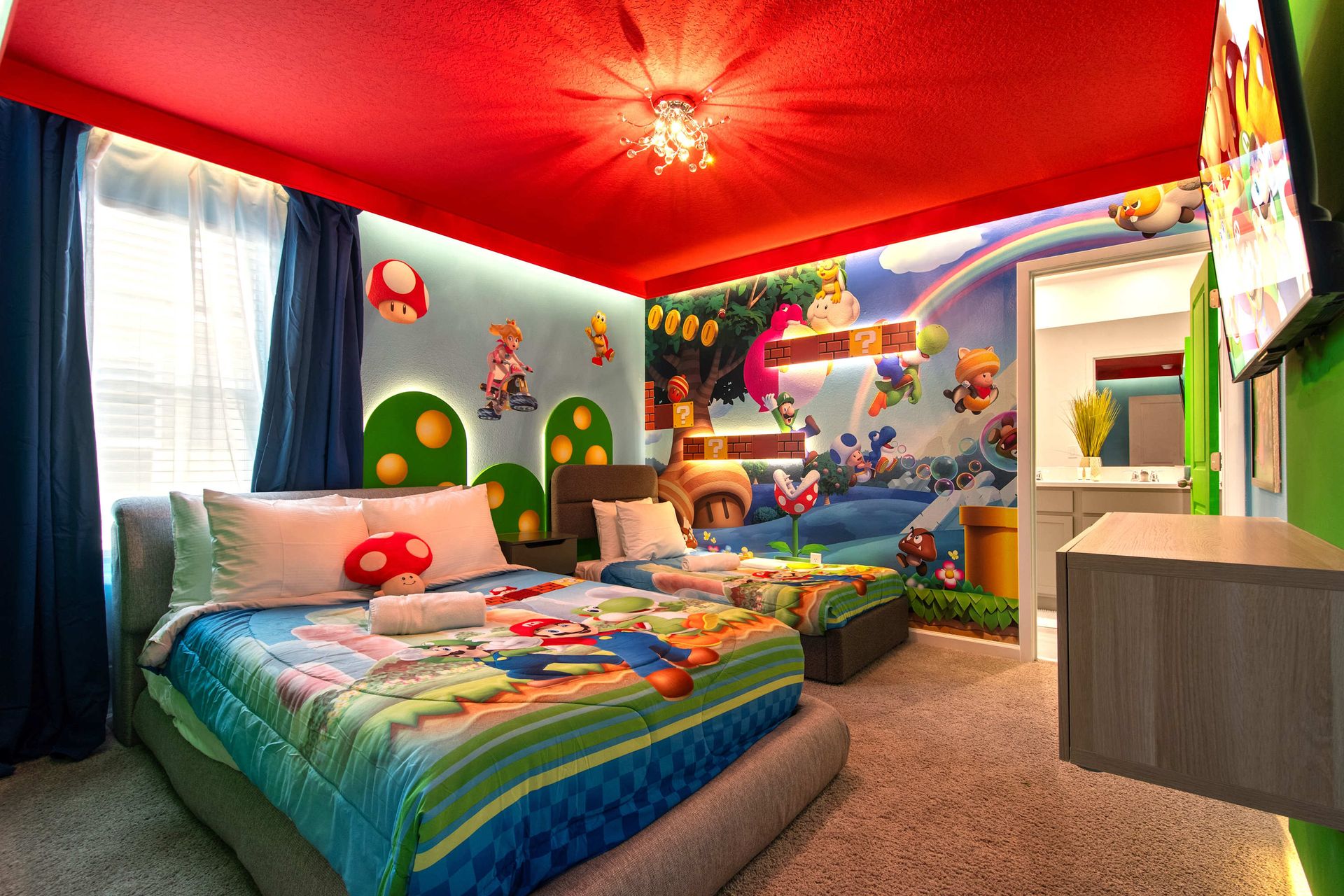 Mario-Themed Bedroom with Colorful Wall Art, Cozy Beds & Playful Decor
