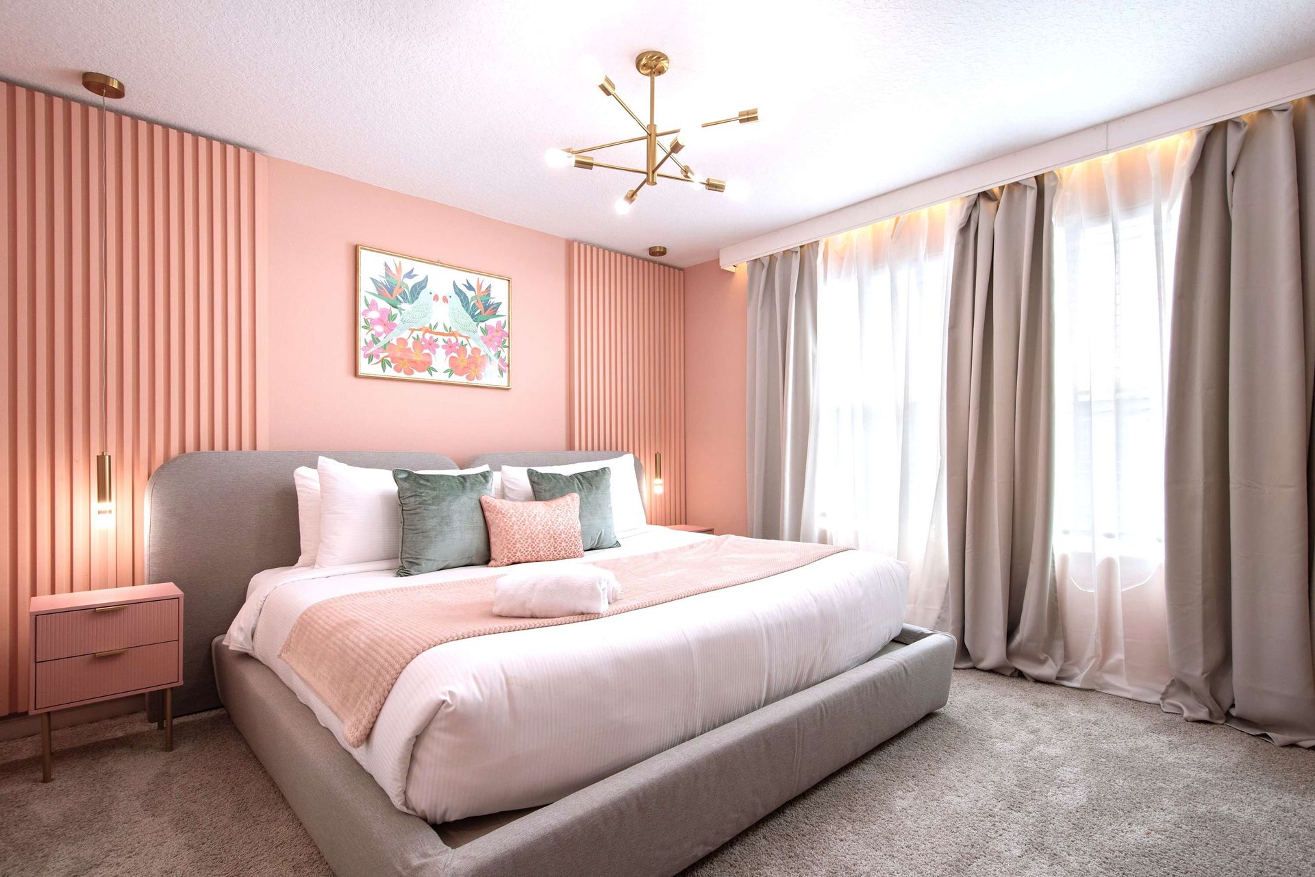 Elegant Blush Bedroom with King Bed, Soft Lighting & Stylish Modern Decor
