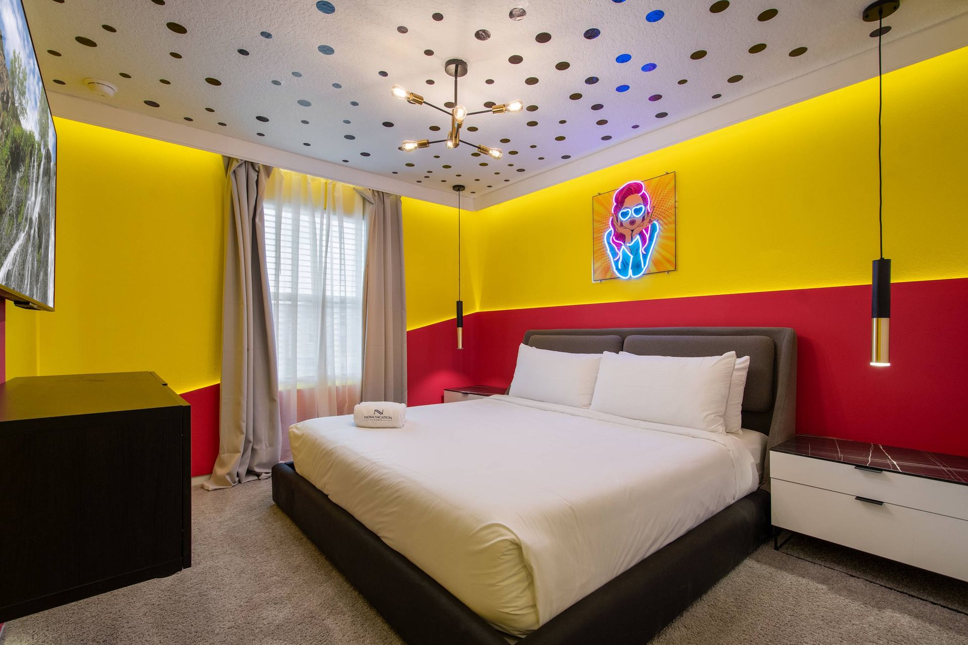 Playful King Bedroom with Bold Colors, Neon Art & Modern Cartoon-Inspired Style
