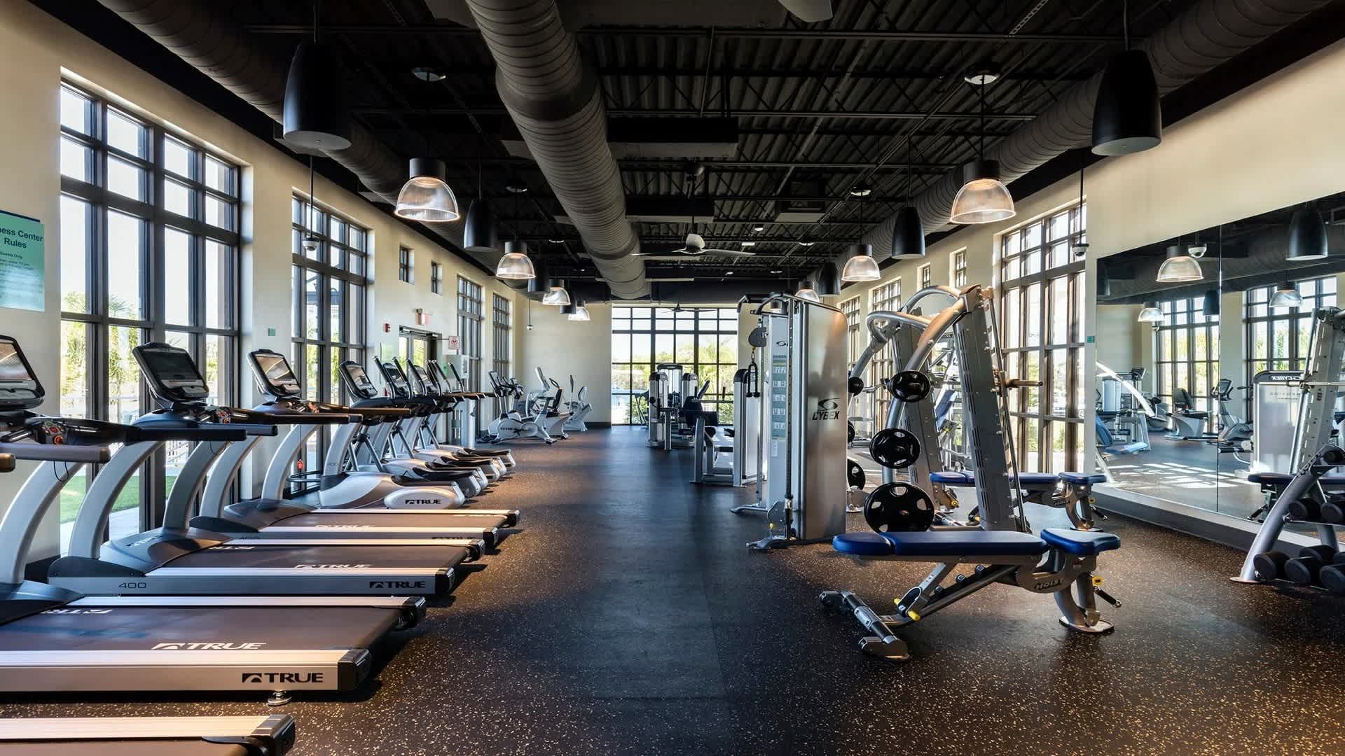 State-of-the-art fitness center with cardio machines, weights, and natural light