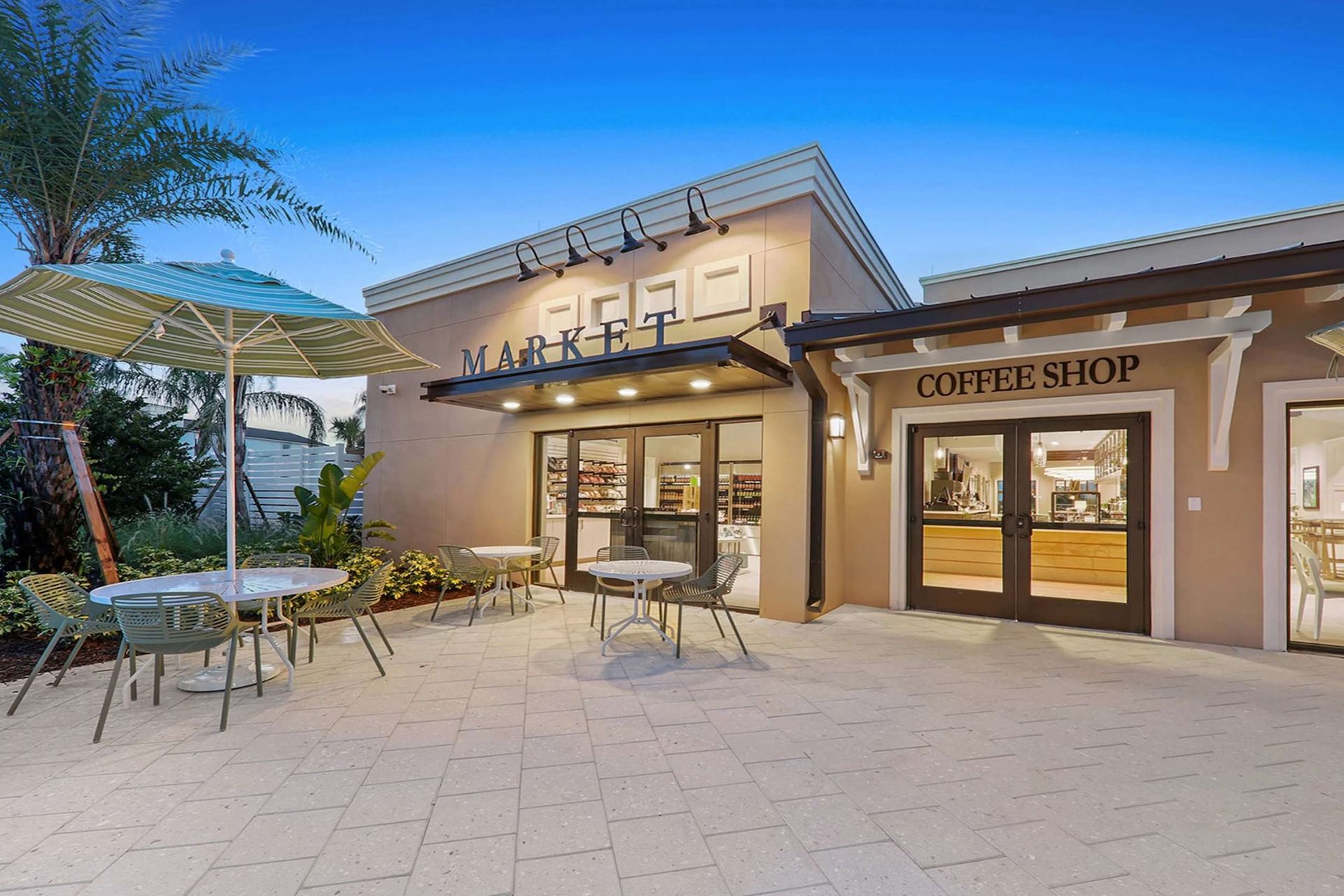 On-site market and coffee shop with outdoor seating for your daily convenience.