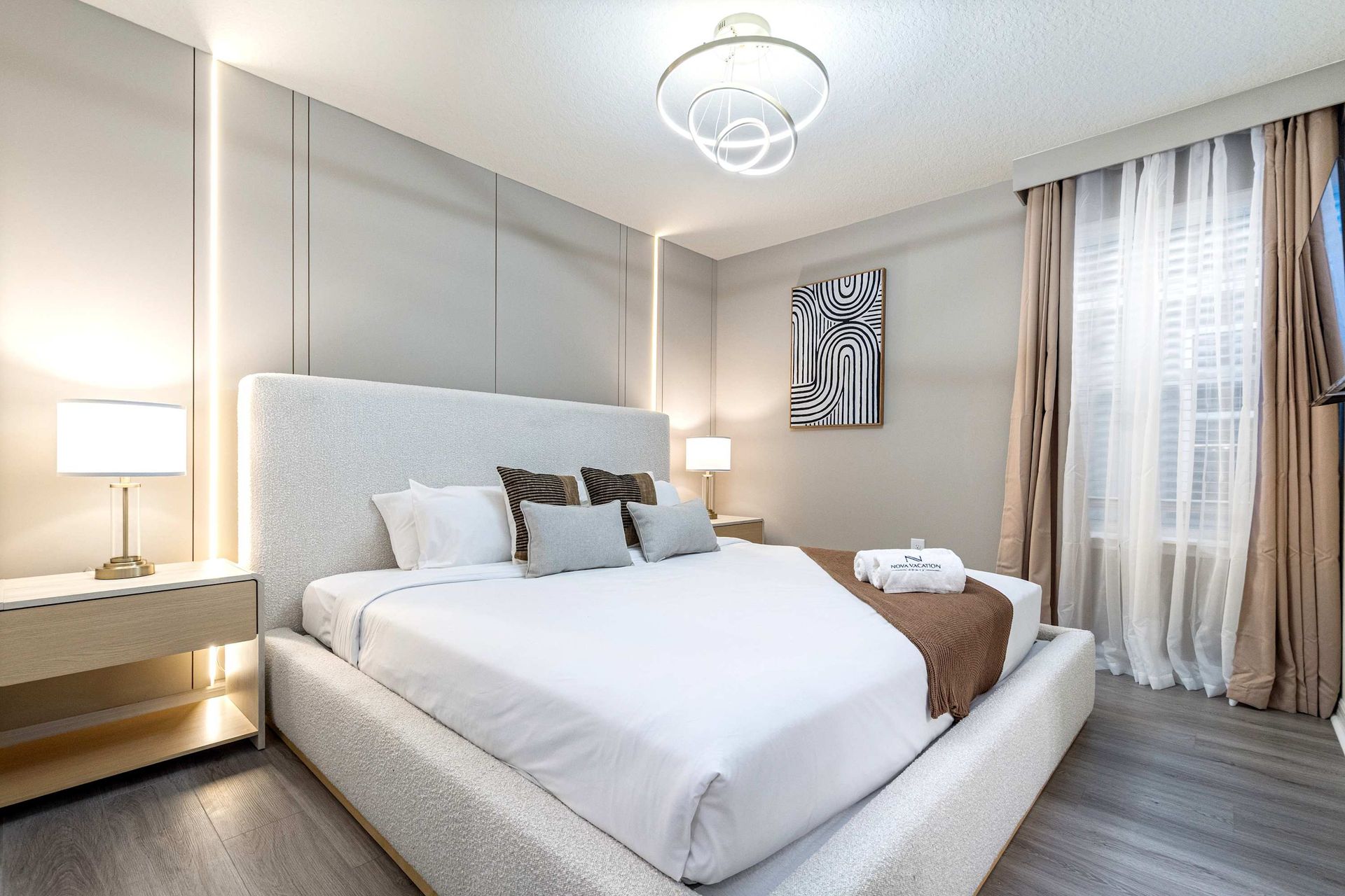 Modern elegance meets comfort in this king suite with warm tones and sleek style.