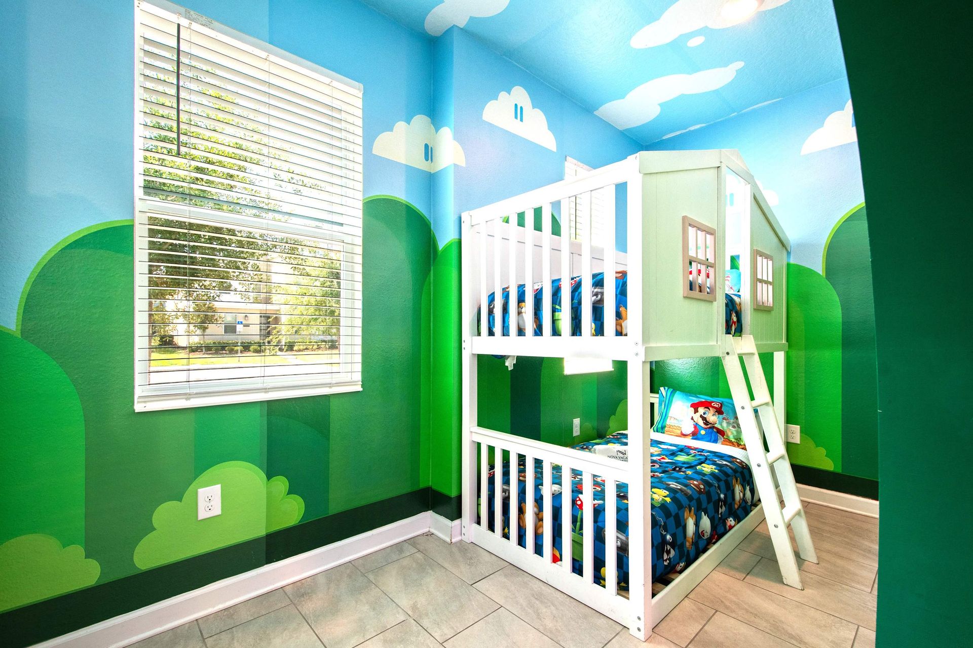 Super Mario-themed bunk bed room with bright walls, playful design, and charm!
