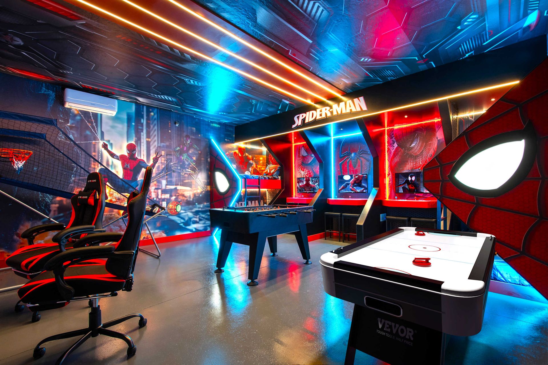 Epic Spider-Man themed game room with beds, foosball, and arcade fun!
