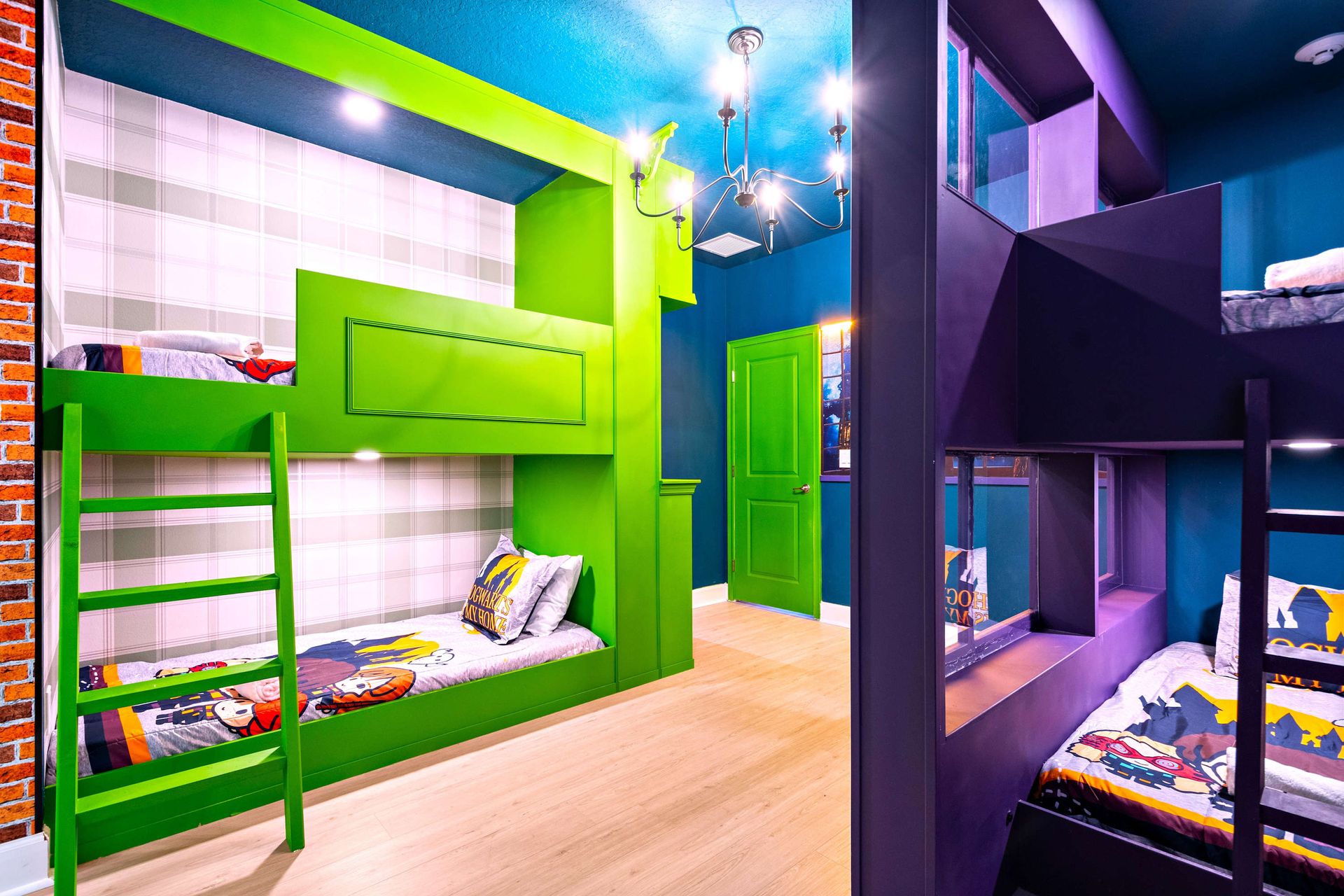 Colorful themed bunk room with playful decor, perfect for kids and group fun
