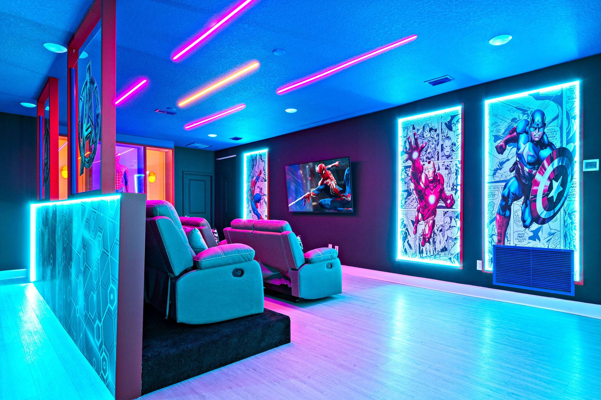 Epic neon-lit theater lounge, cinematic luxury meets superhero vibes, must-book!

