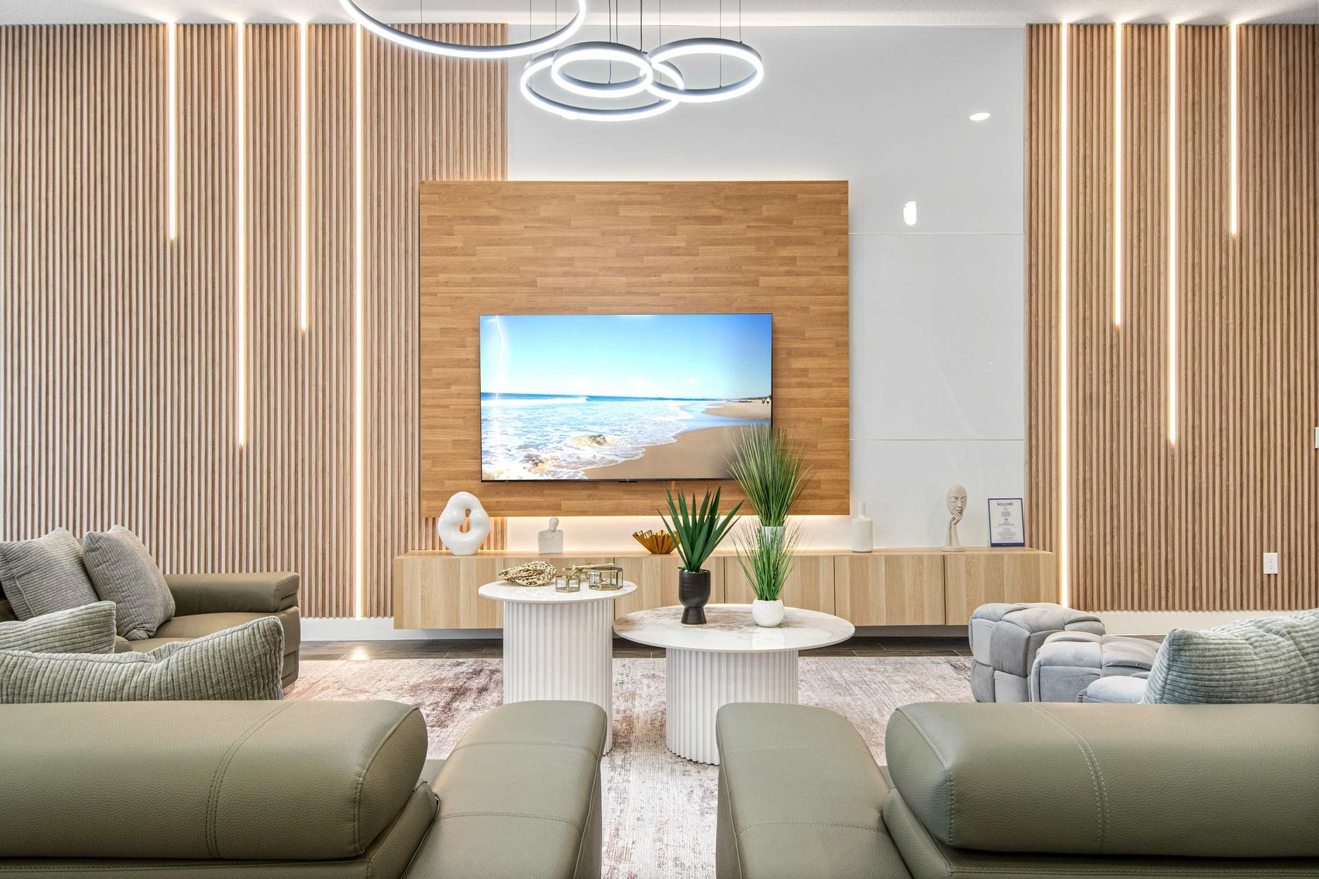 Modern luxury living room with sleek design, cozy seating, and elegant decor accents.
