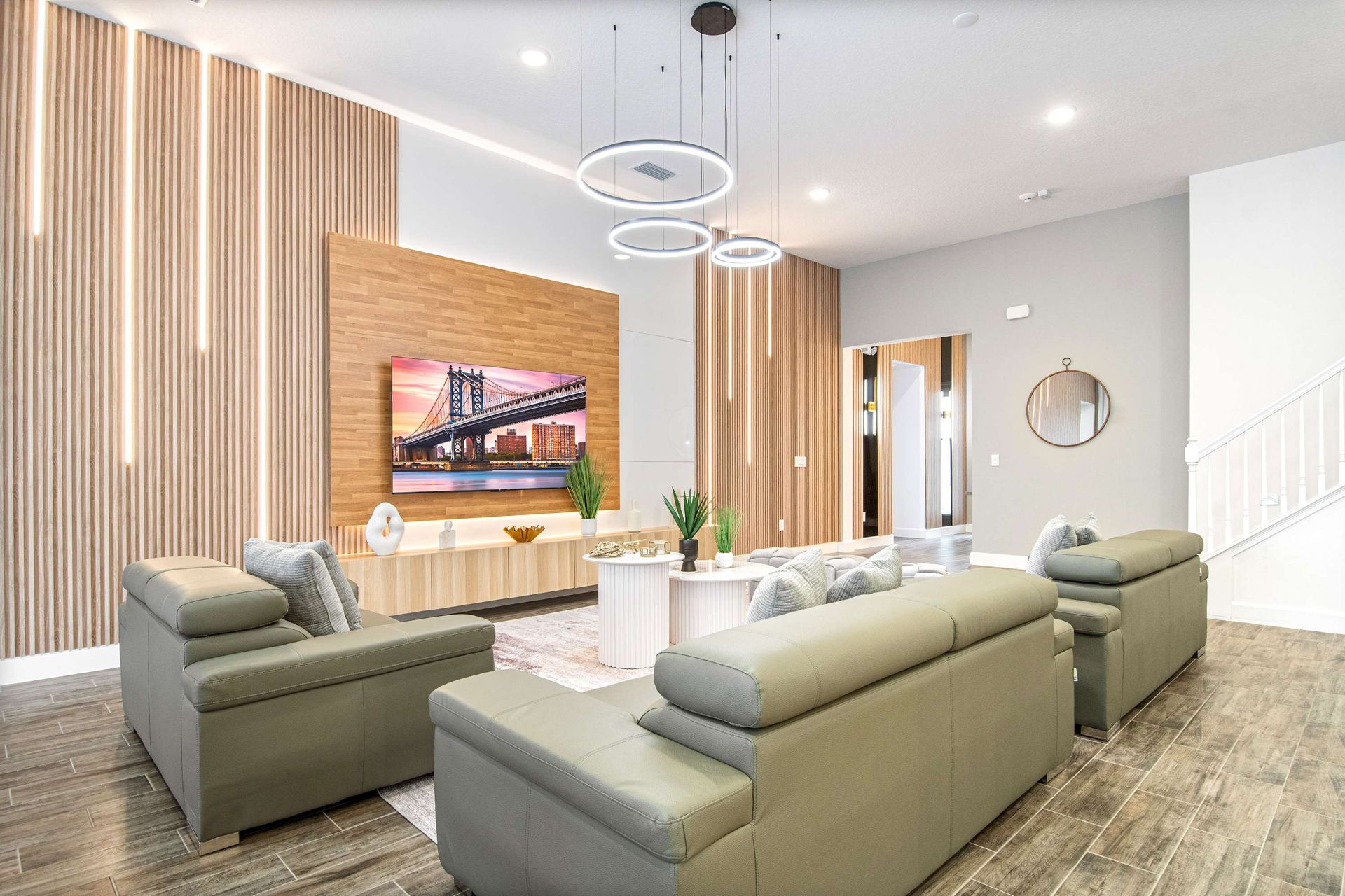 Modern luxe living room with sleek design, ambient lighting, and comfort galore
