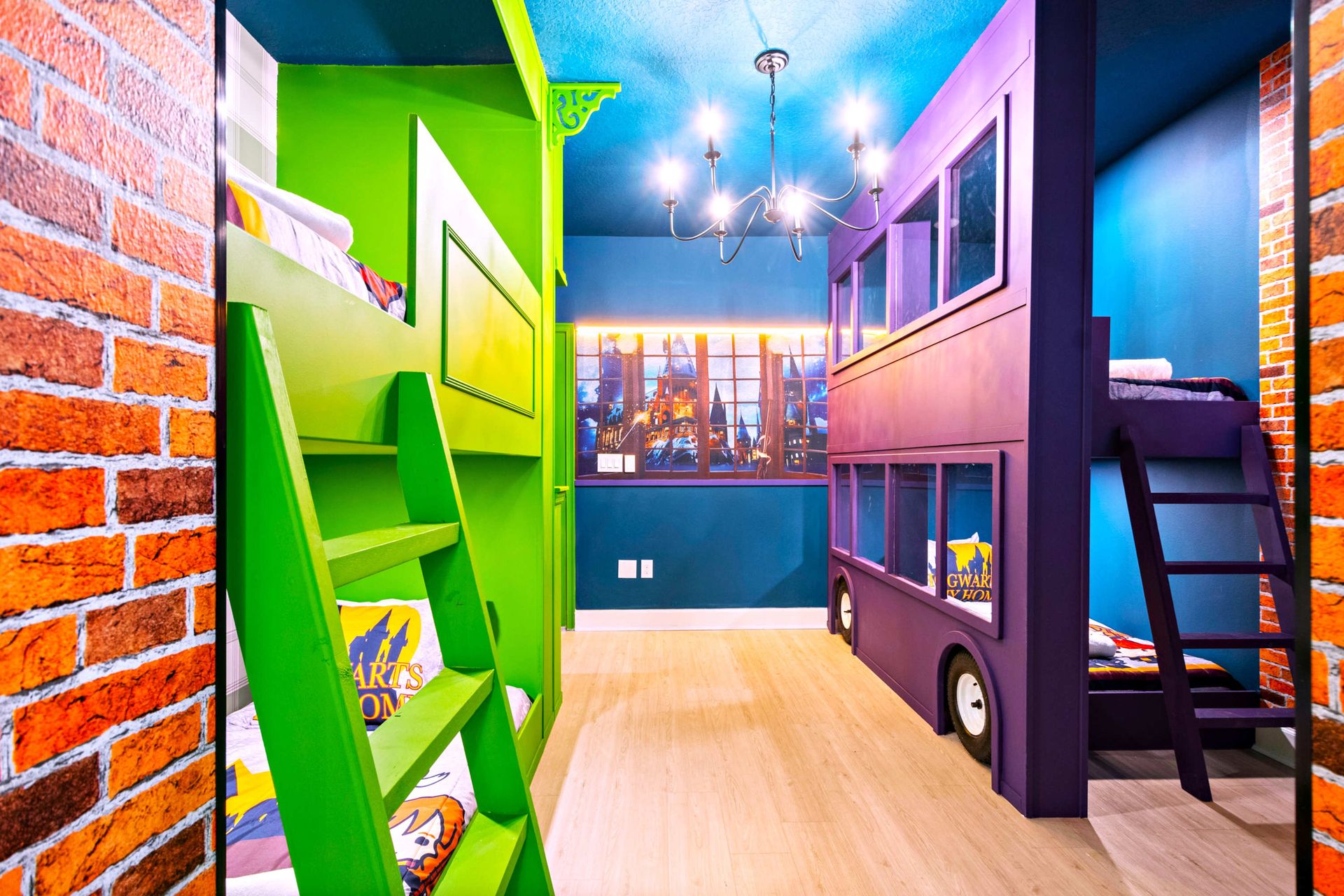 Colorful themed bunk room with playful decor, perfect for kids and group fun
