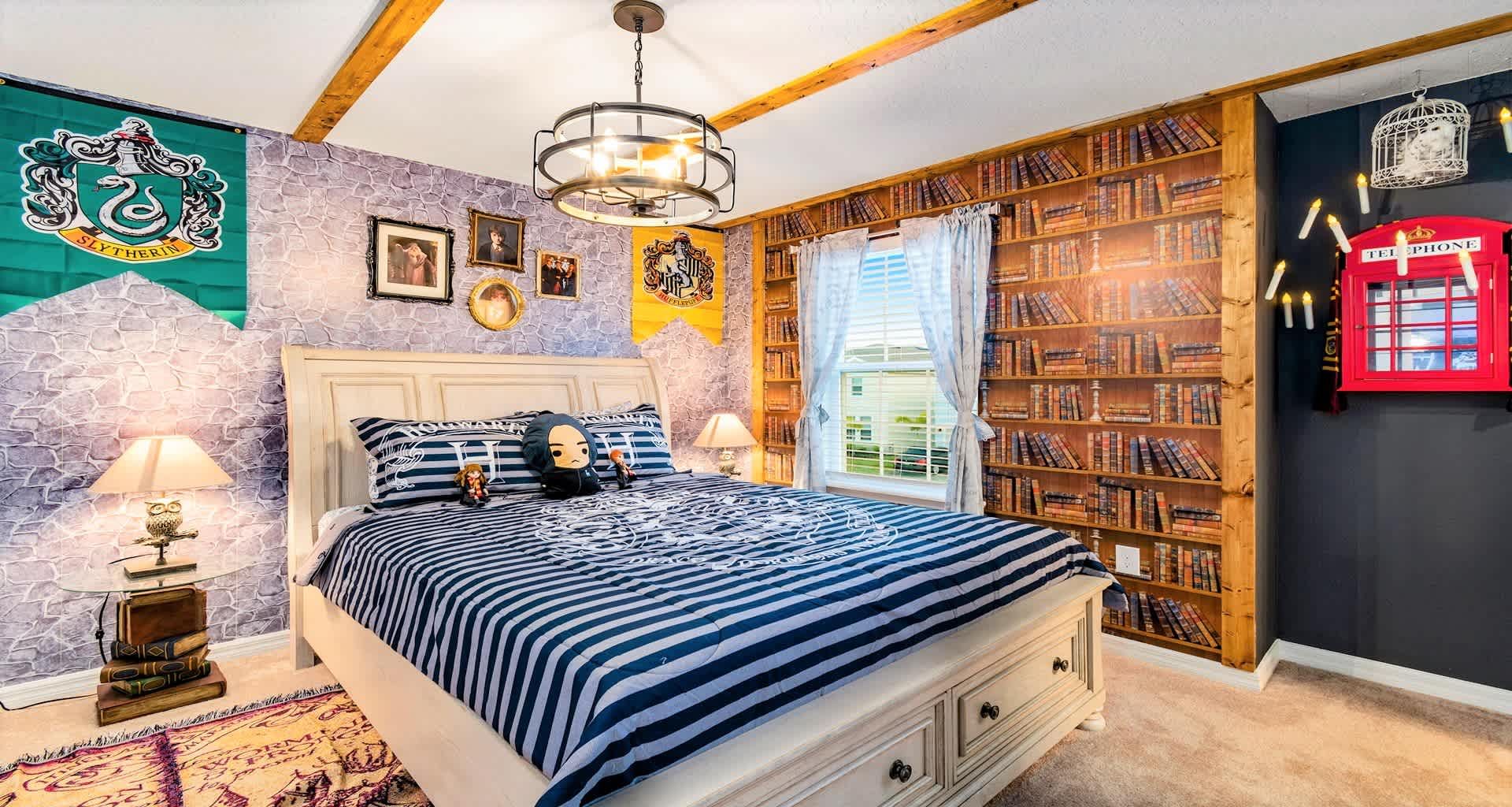Magical Harry Potter-themed room with house banners, book walls, and cozy charm!
