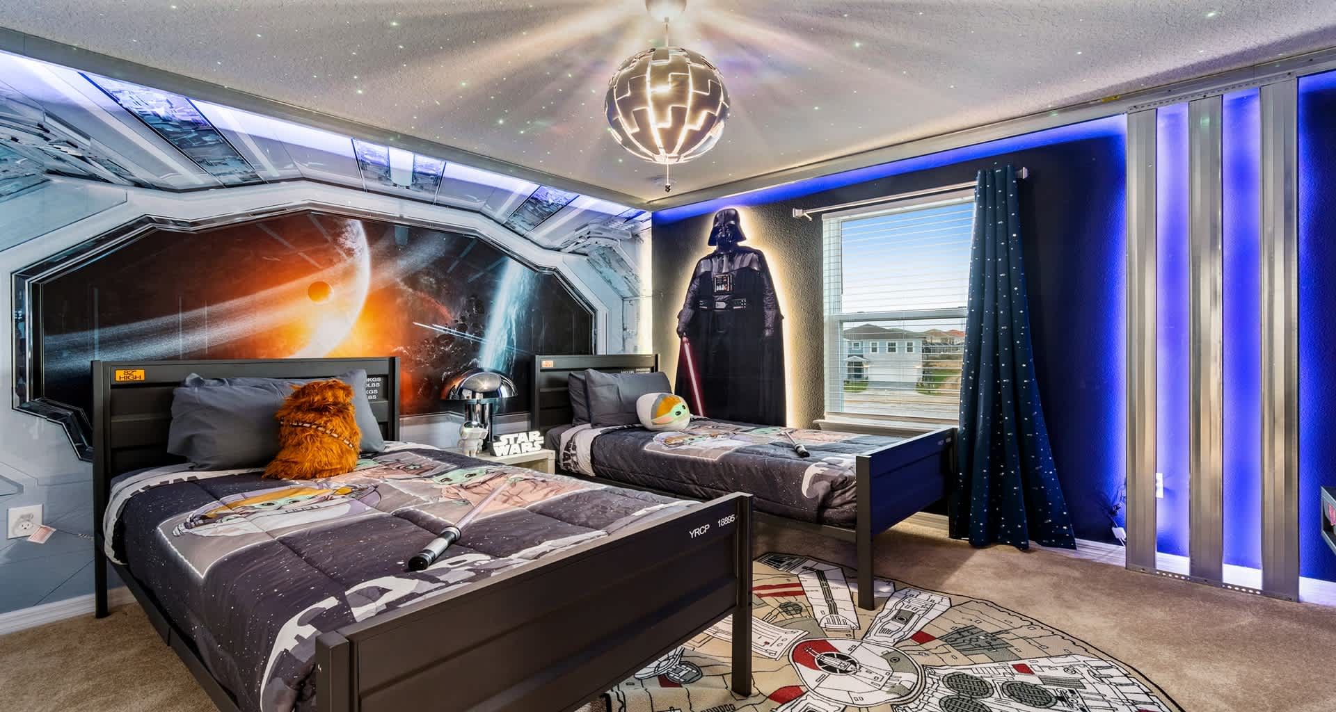 Immersive Star Wars bedroom with twin beds, galactic murals, and epic lighting!
