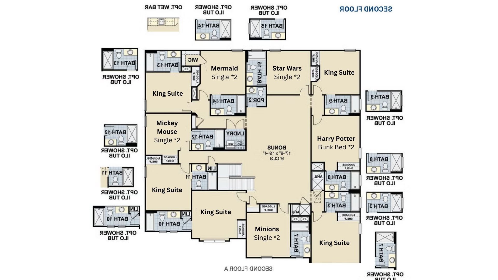 Themed bedroom haven with multiple king suites and spacious upstairs loft area
