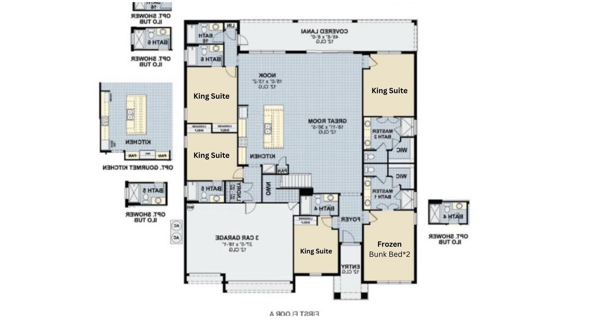 Ground floor layout: 4 King Suites, Game Room, Theater, and themed Bunk.