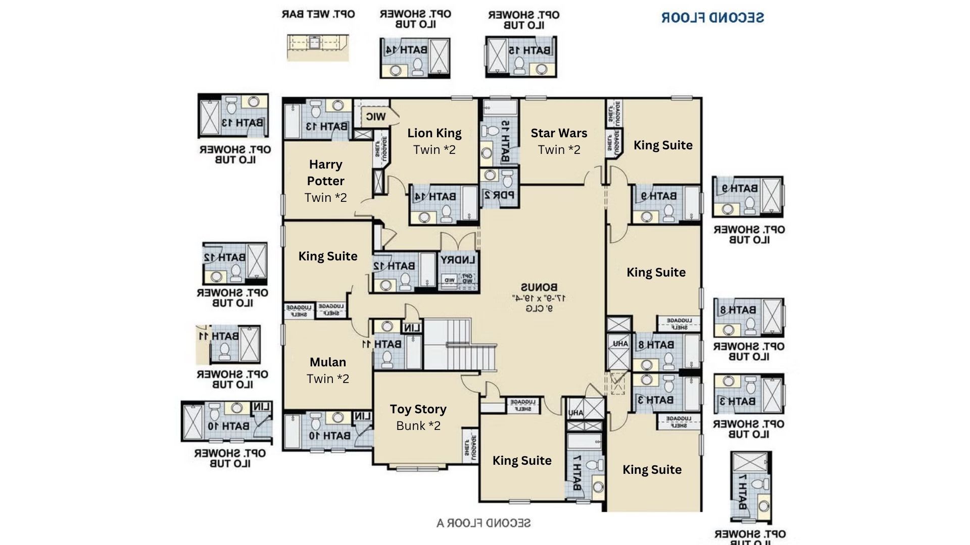 Second floor fun: 5 themed rooms including Harry Potter, Toy Story, and Star Wars.