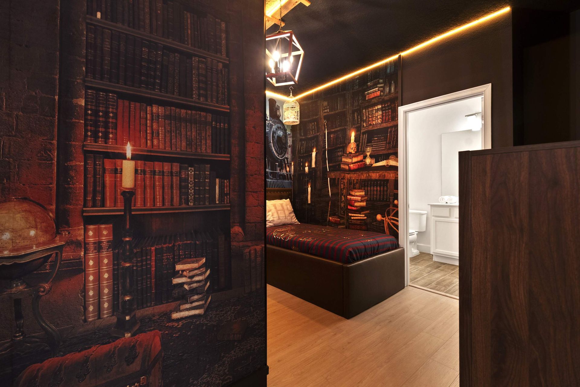 Secret library room with rich wood murals, neon light, and cozy bed.