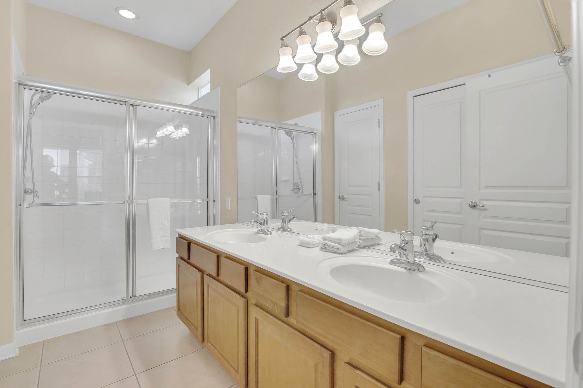 Dual sinks and ample space make morning routines easy. 