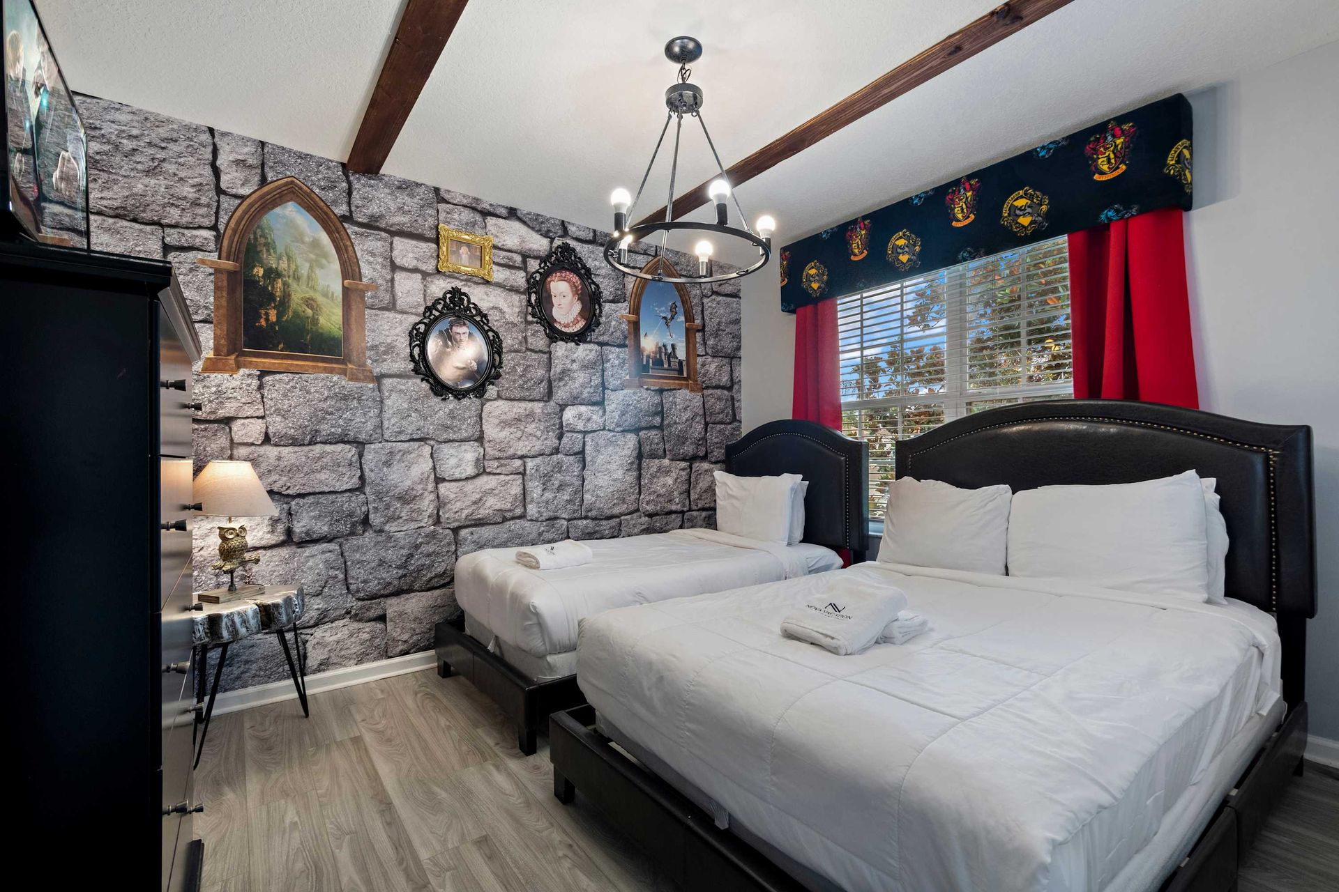 Whimsical wizard-themed room with castle walls and cozy beds for magical stays
