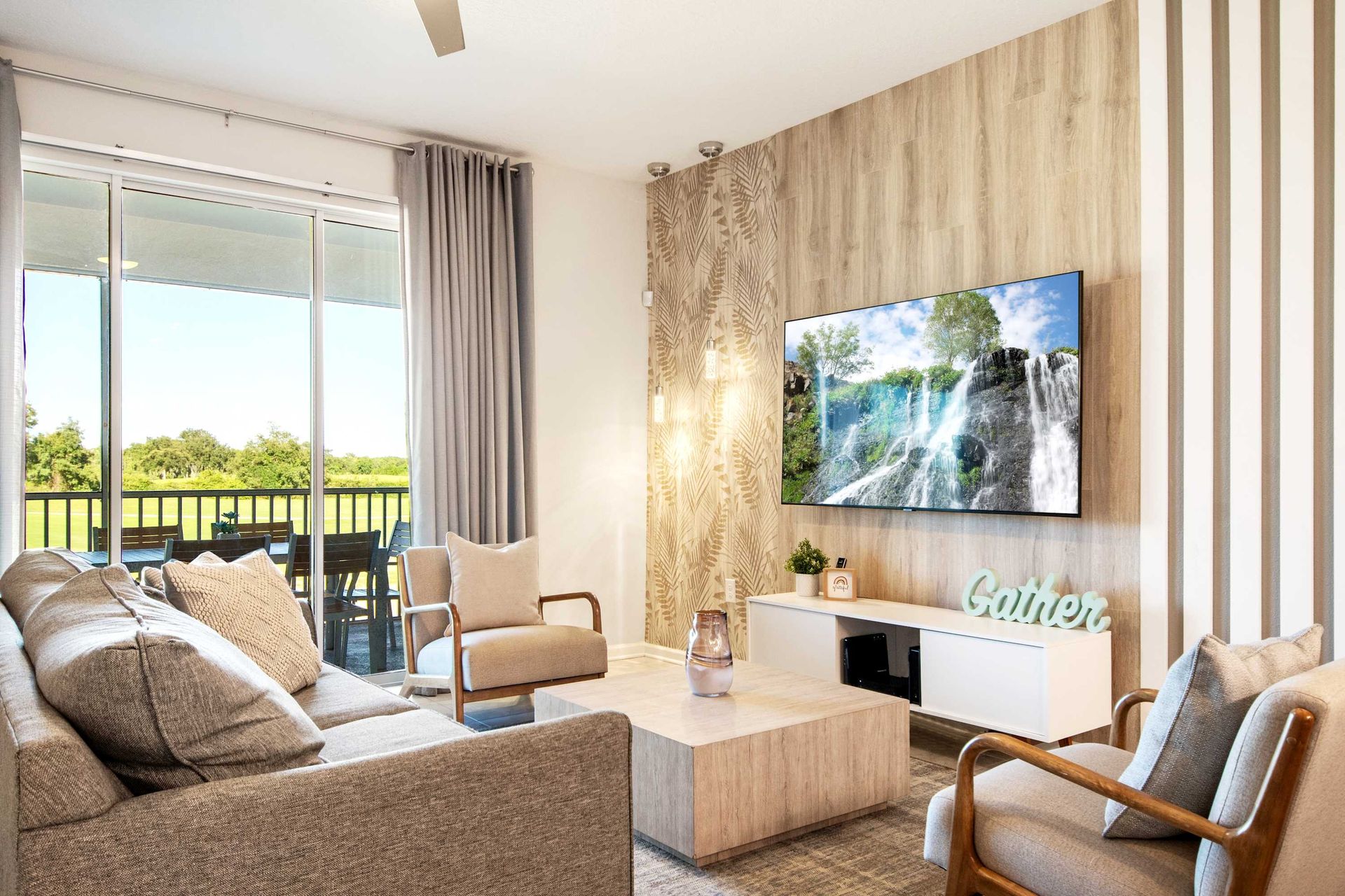 Wood paneling, chic furniture, and natural light in a serene lounge.