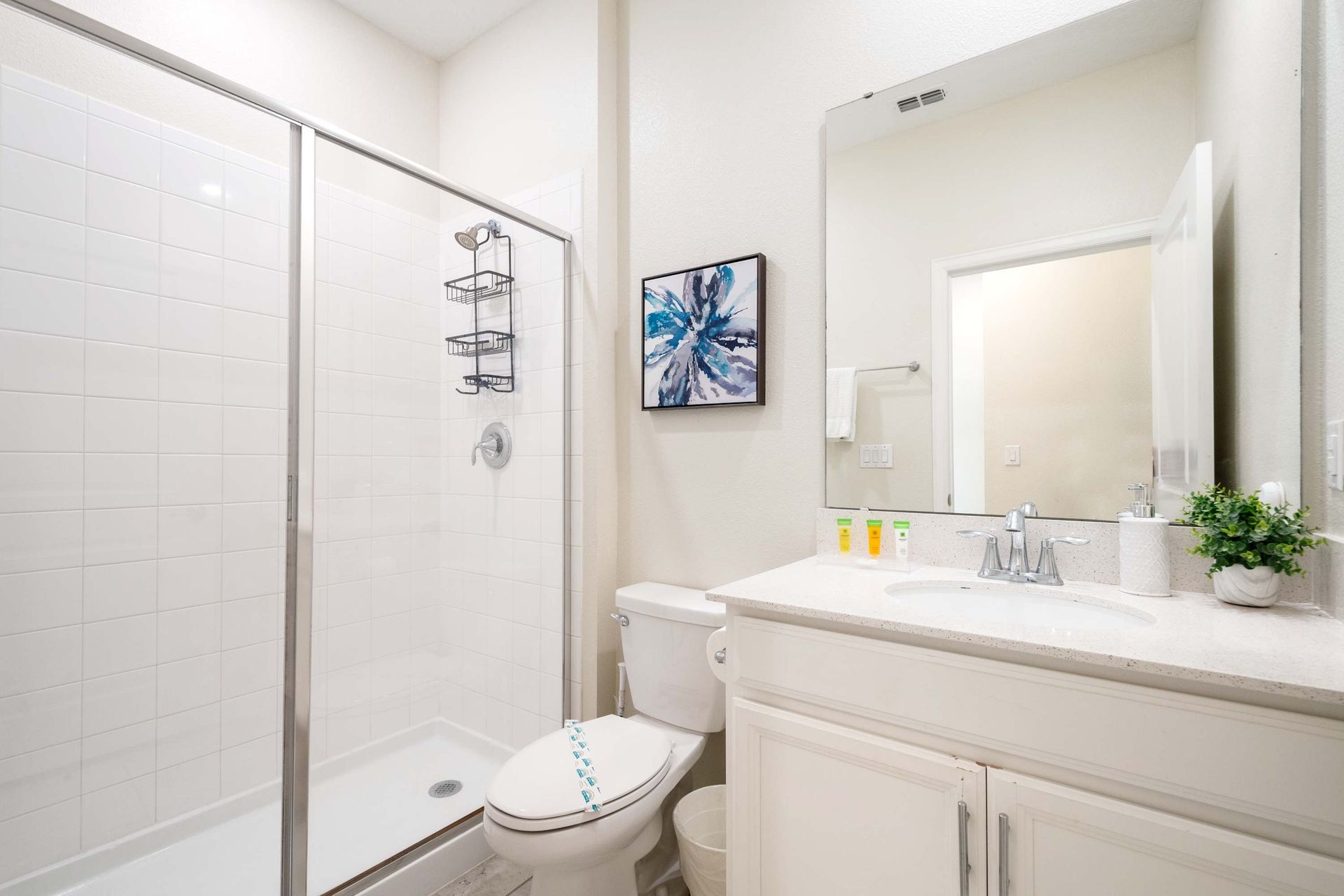 Sleek tile, abundant light, and a clean, modern design aesthetic.