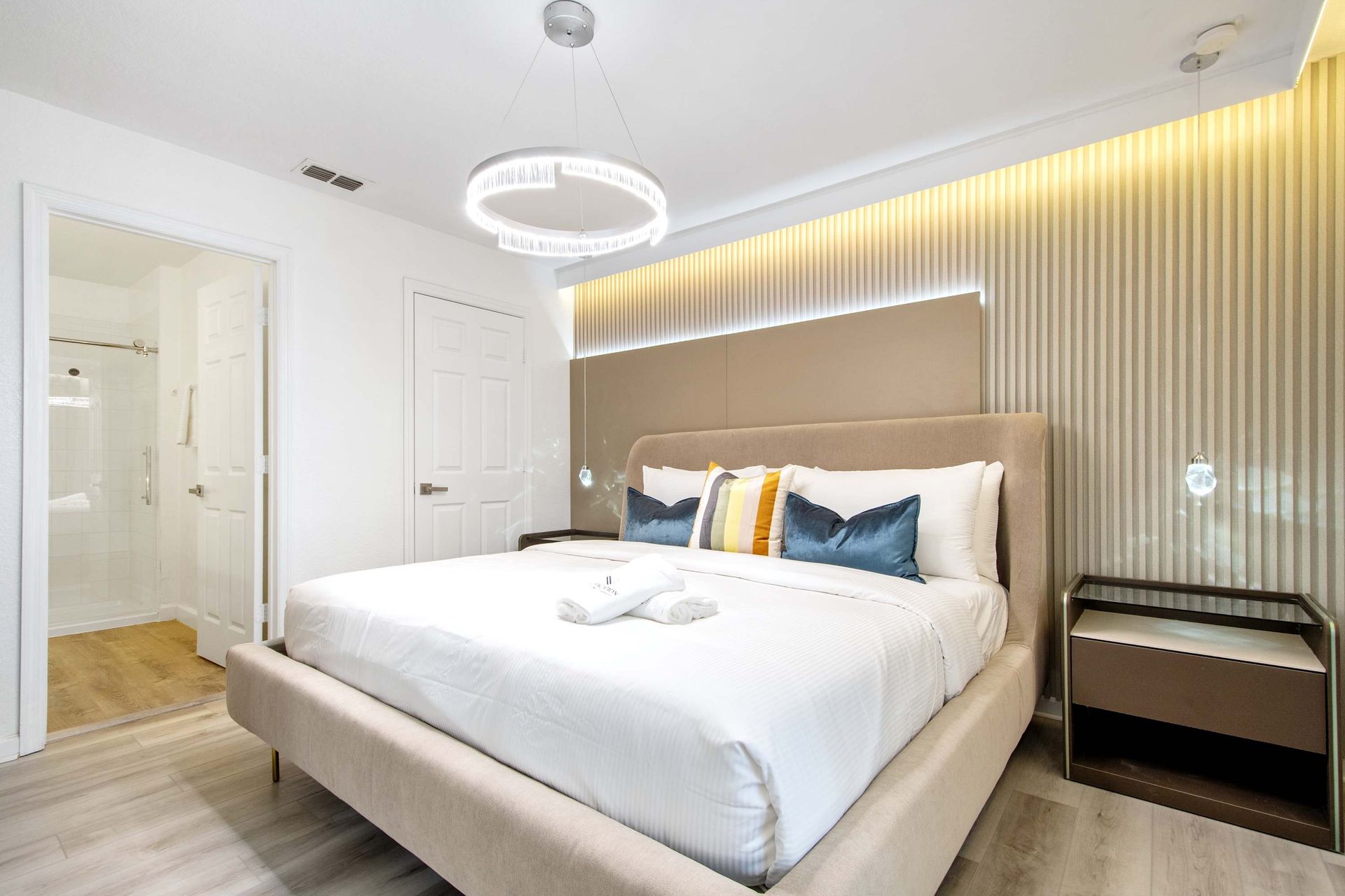 Spacious upstairs suite with cozy bedding and Smart TV