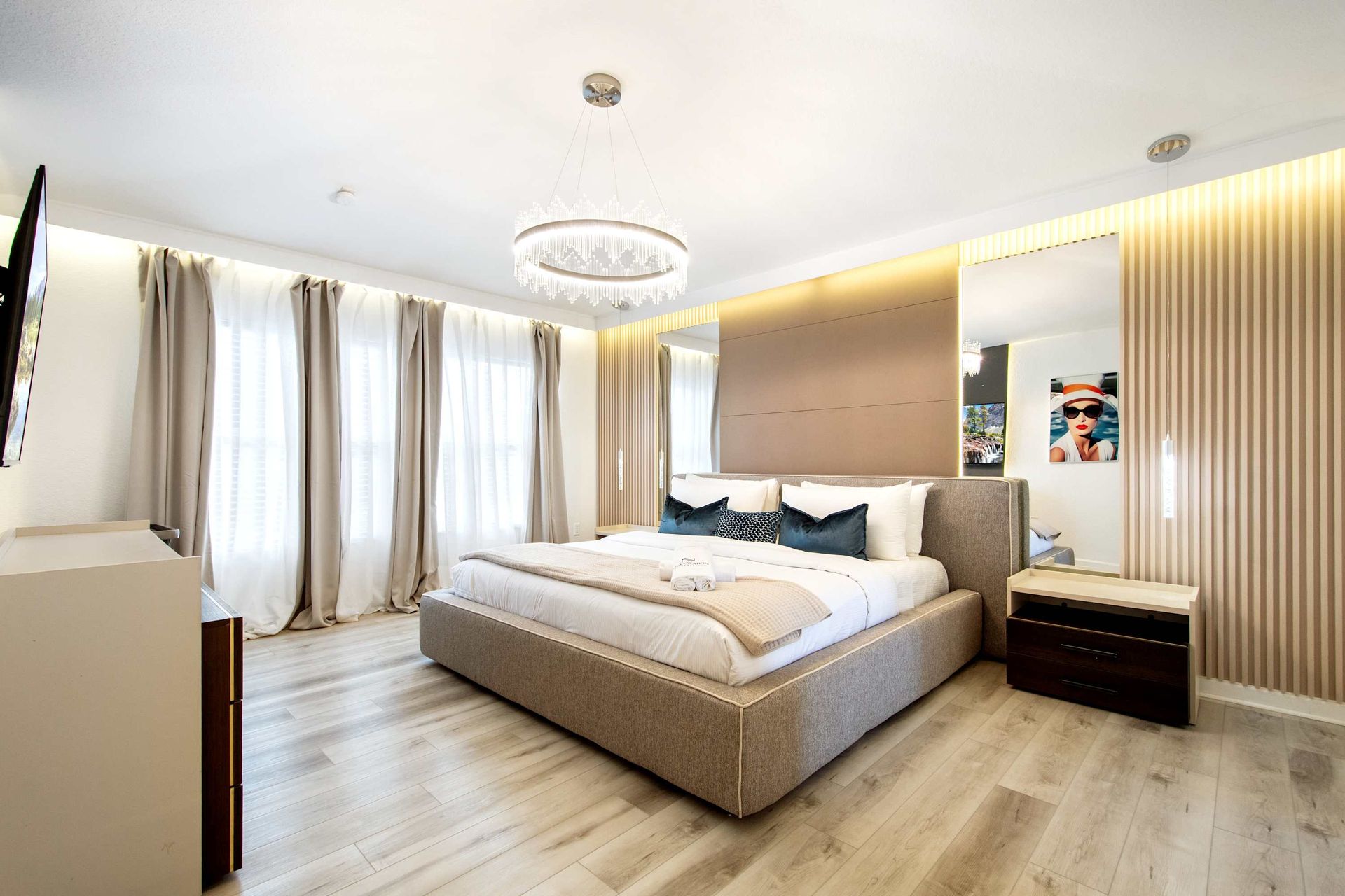 Spacious upstairs suite with cozy bedding and Smart TV