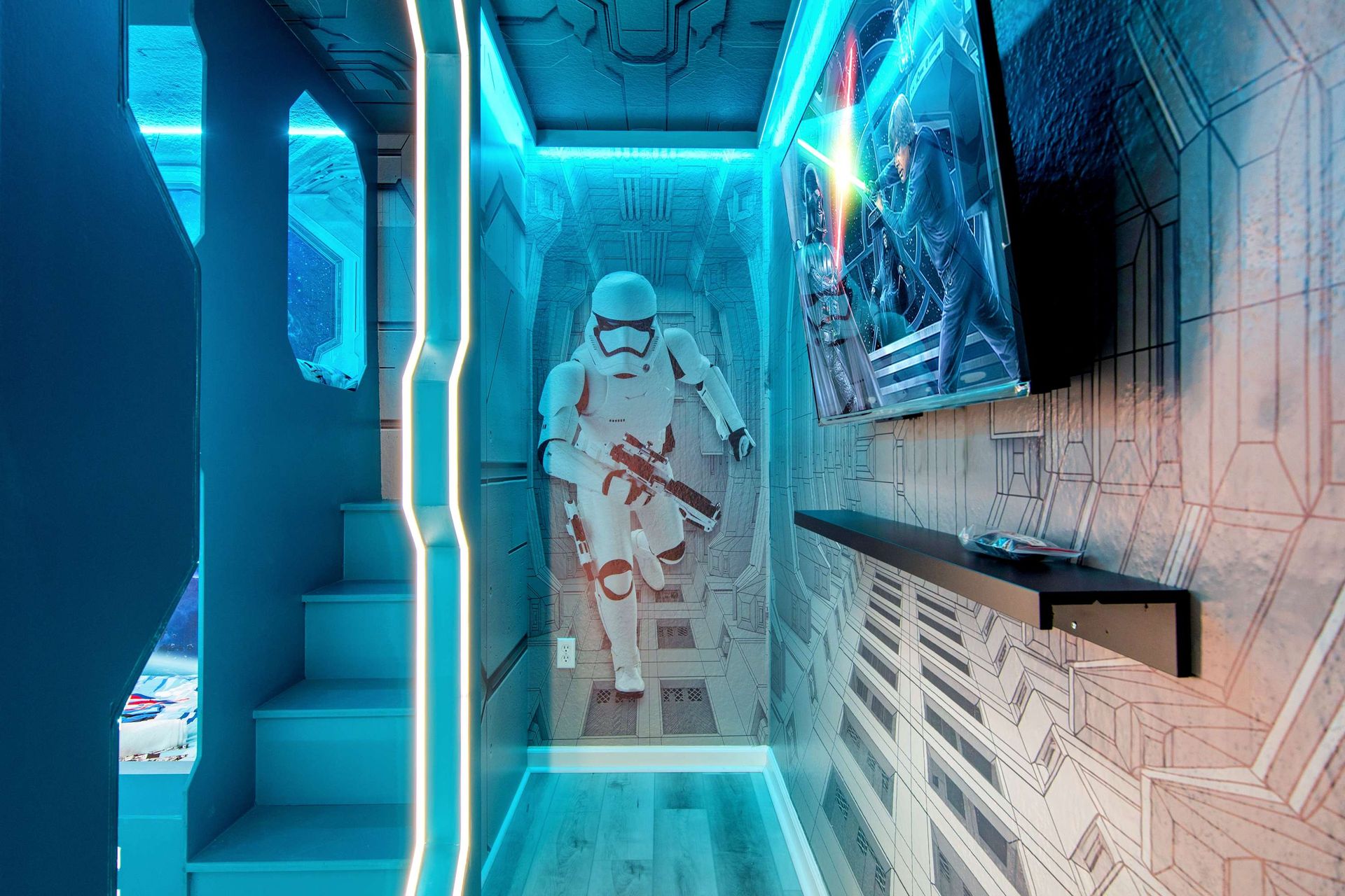 Sci-fi hallway with neon light, spaceship walls, and a dedicated TV niche.