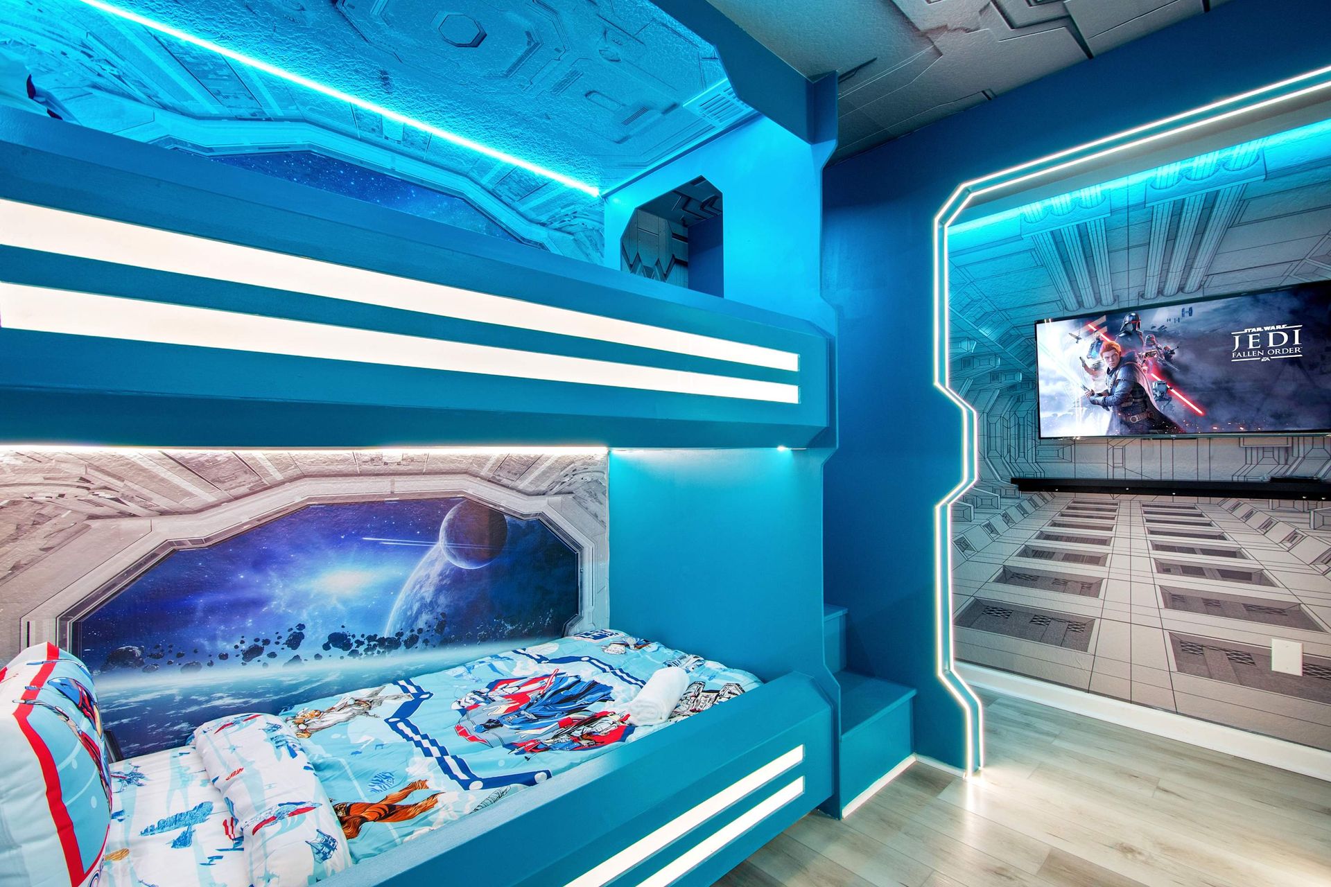 Sleep among the stars in this epic space-themed bunk room.
