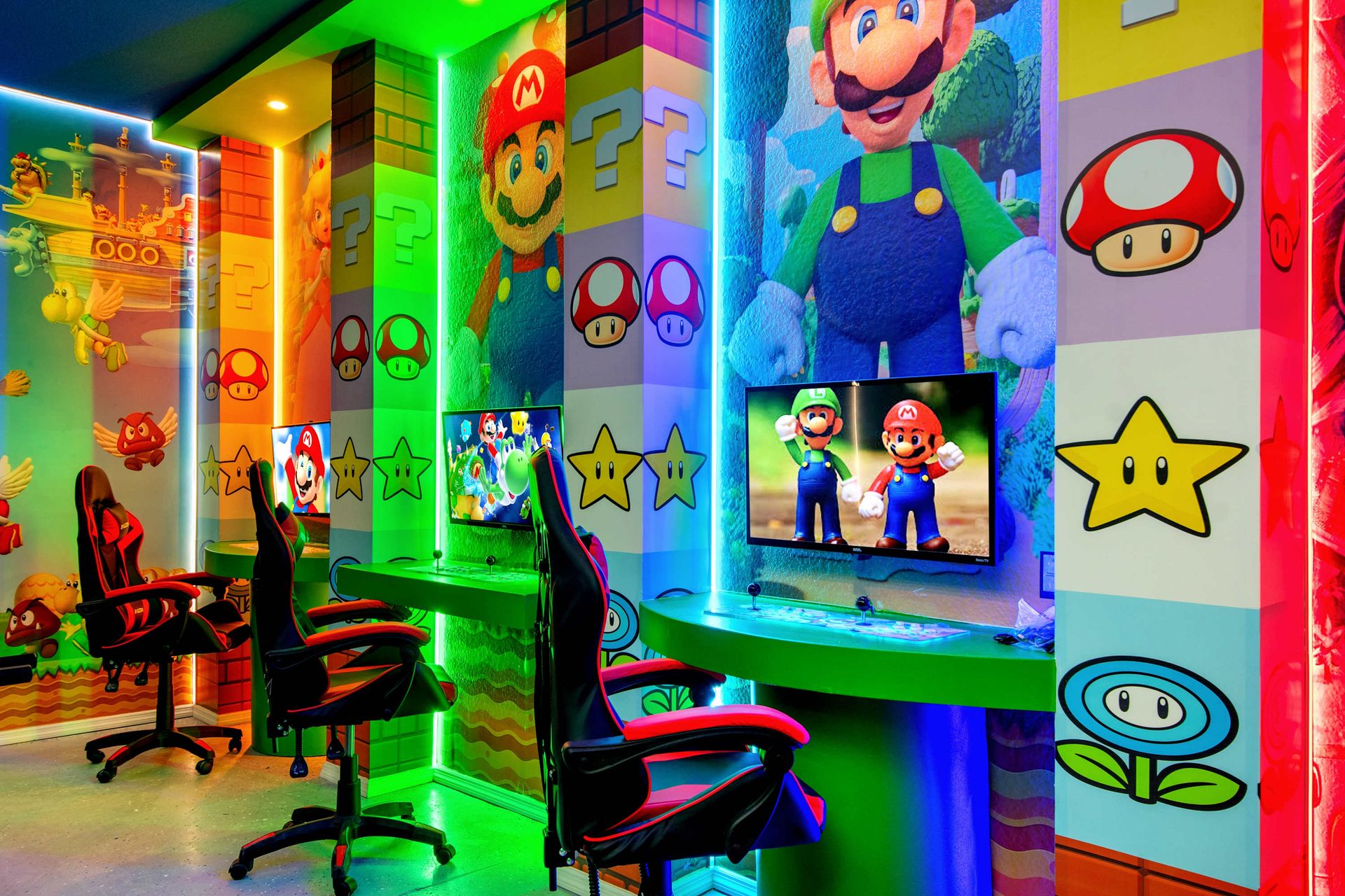 Step into the Mushroom Kingdom! Vibrant Mario-themed gaming area.