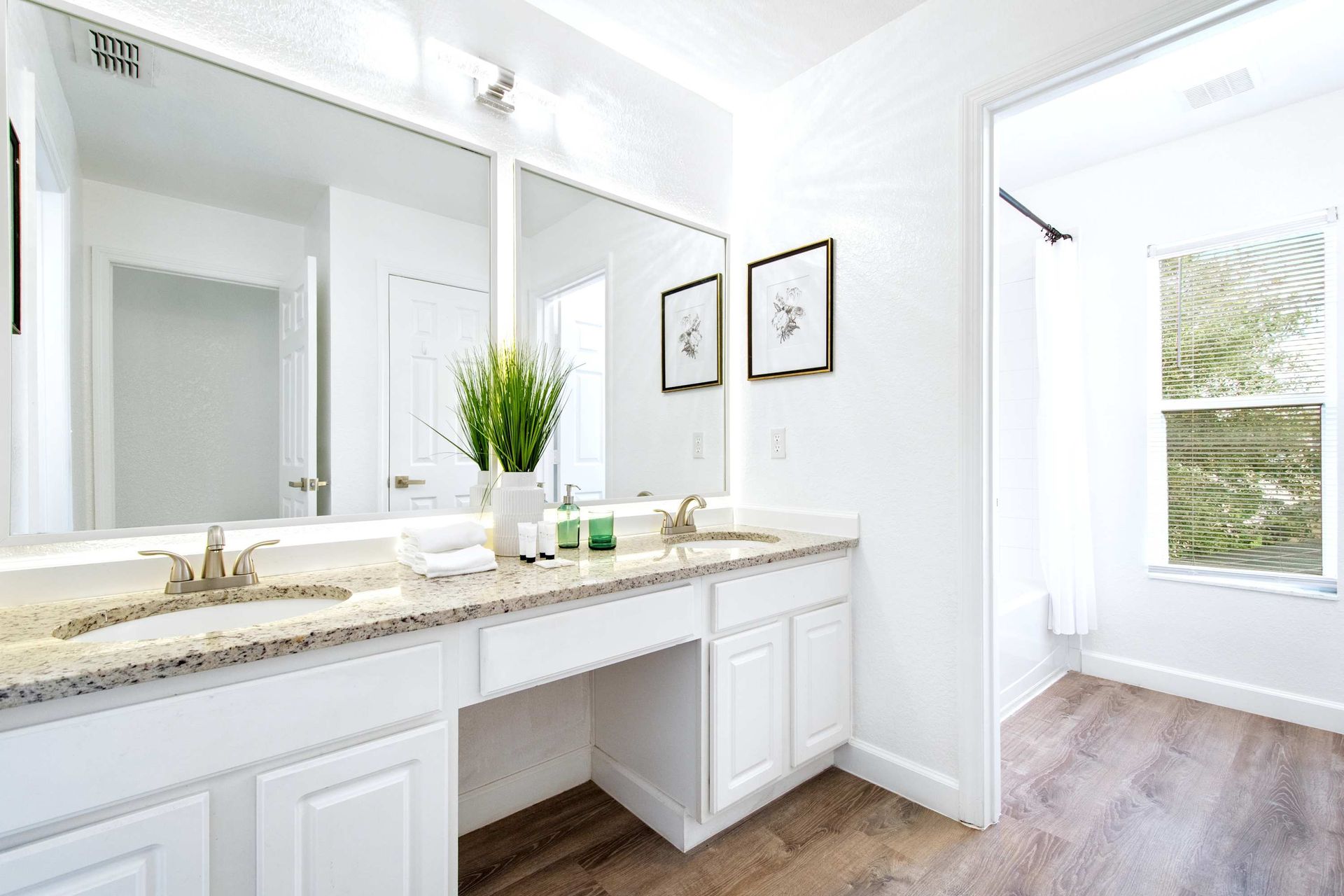 Bright master bath with granite dual vanity and separate tub/shower area.