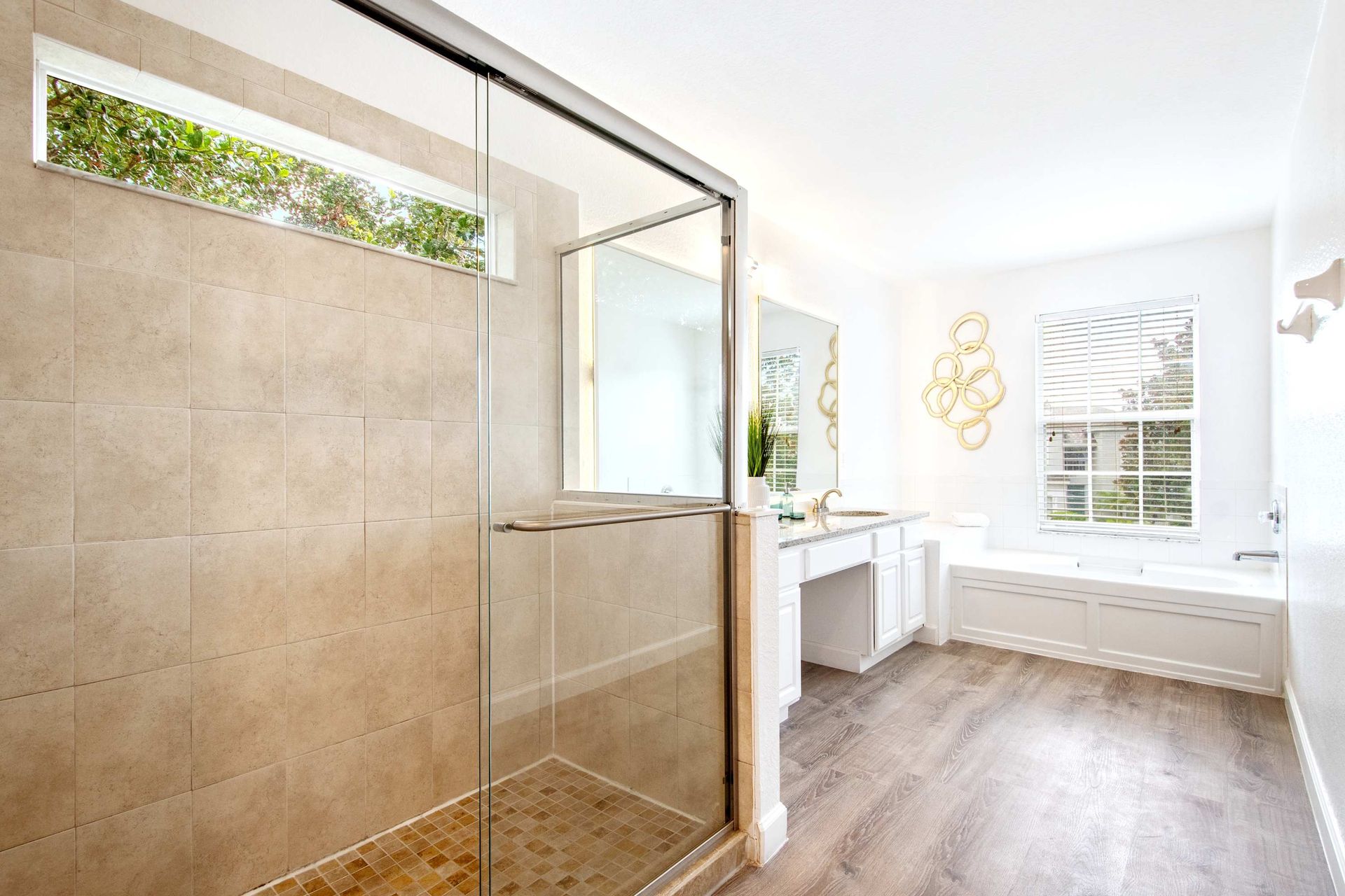 Huge, bright master bath with shower and separate tub. 