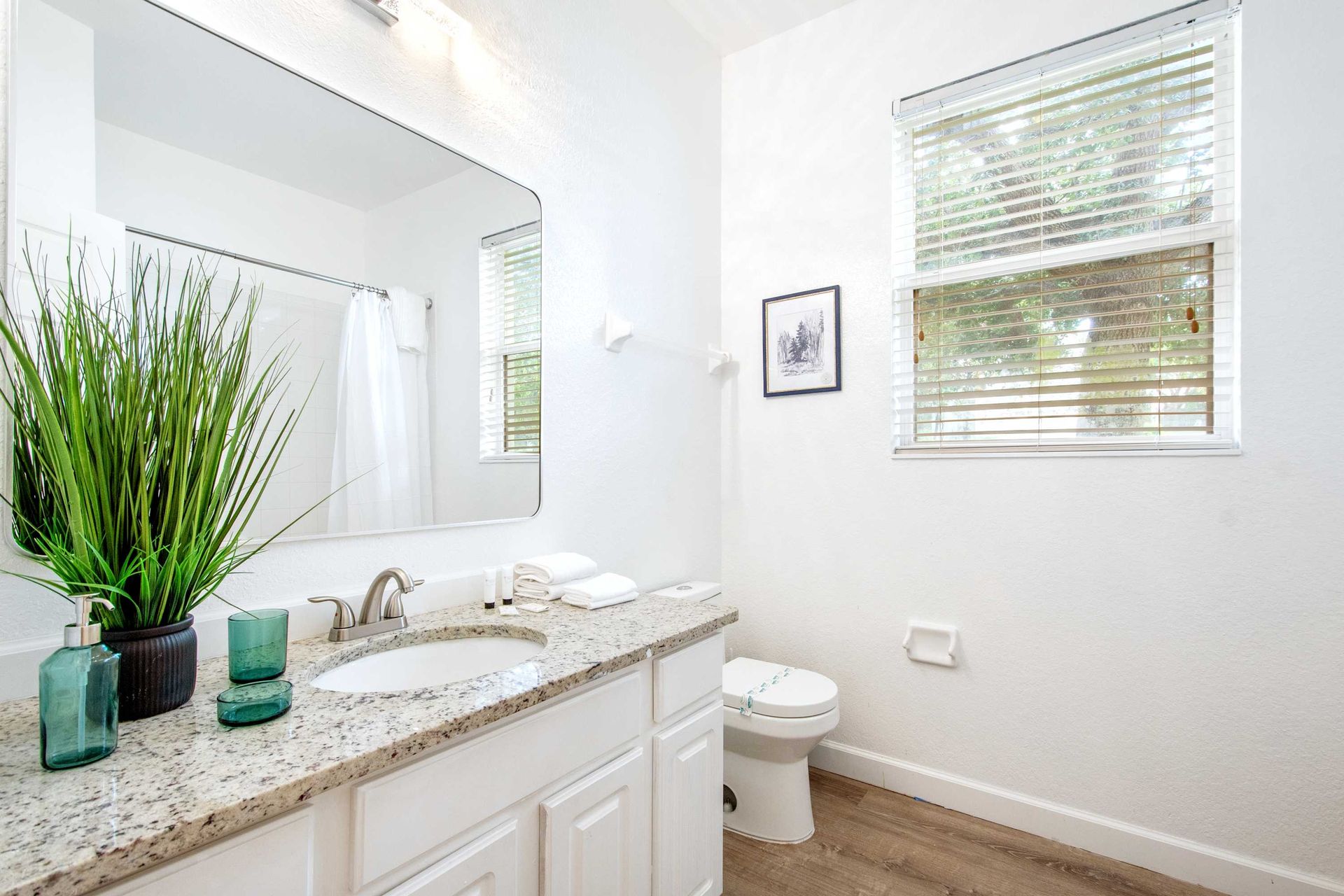 Bright, modern full bath with stylish granite vanity.