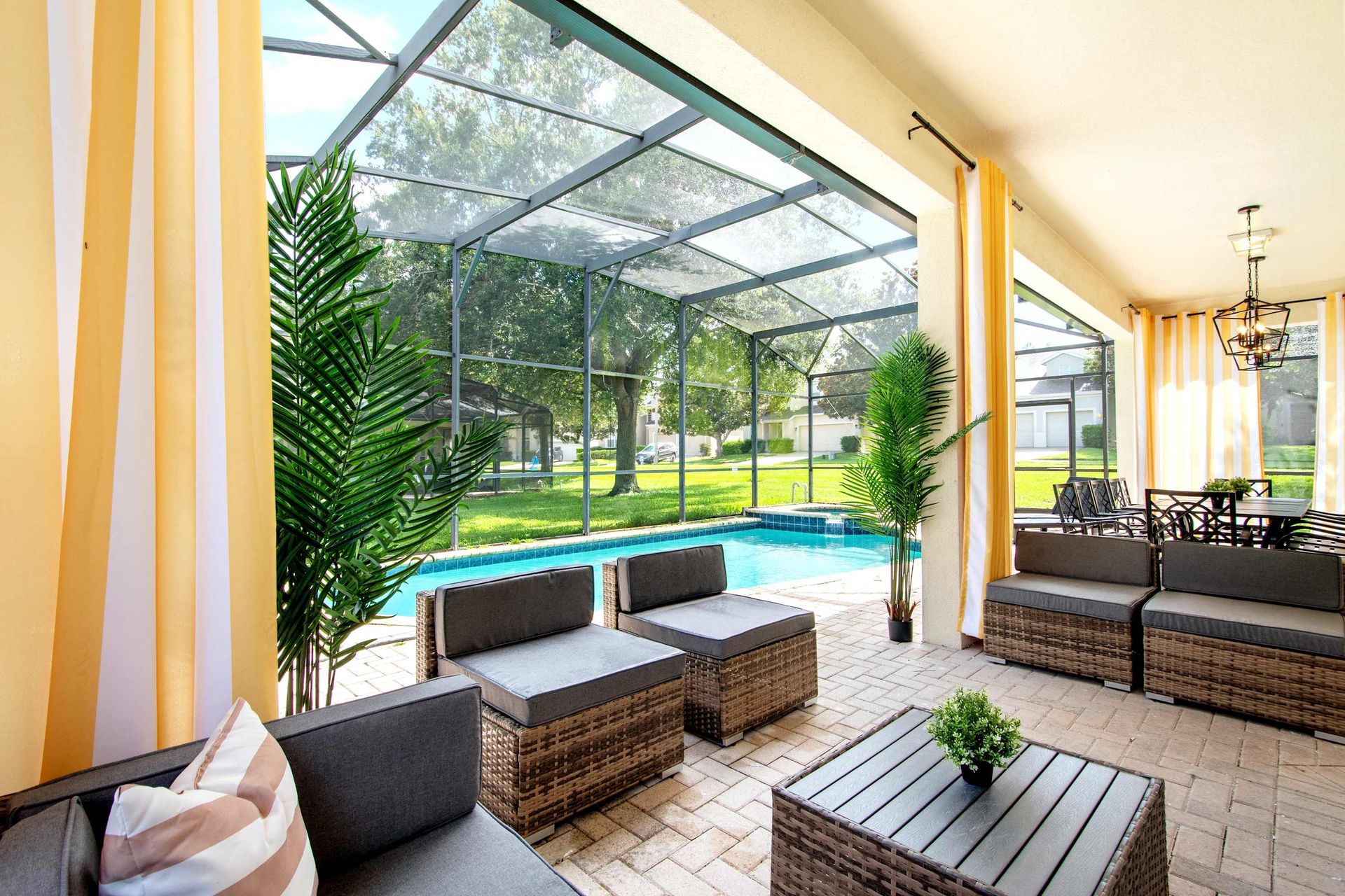 Covered seating and a pool safety fence included