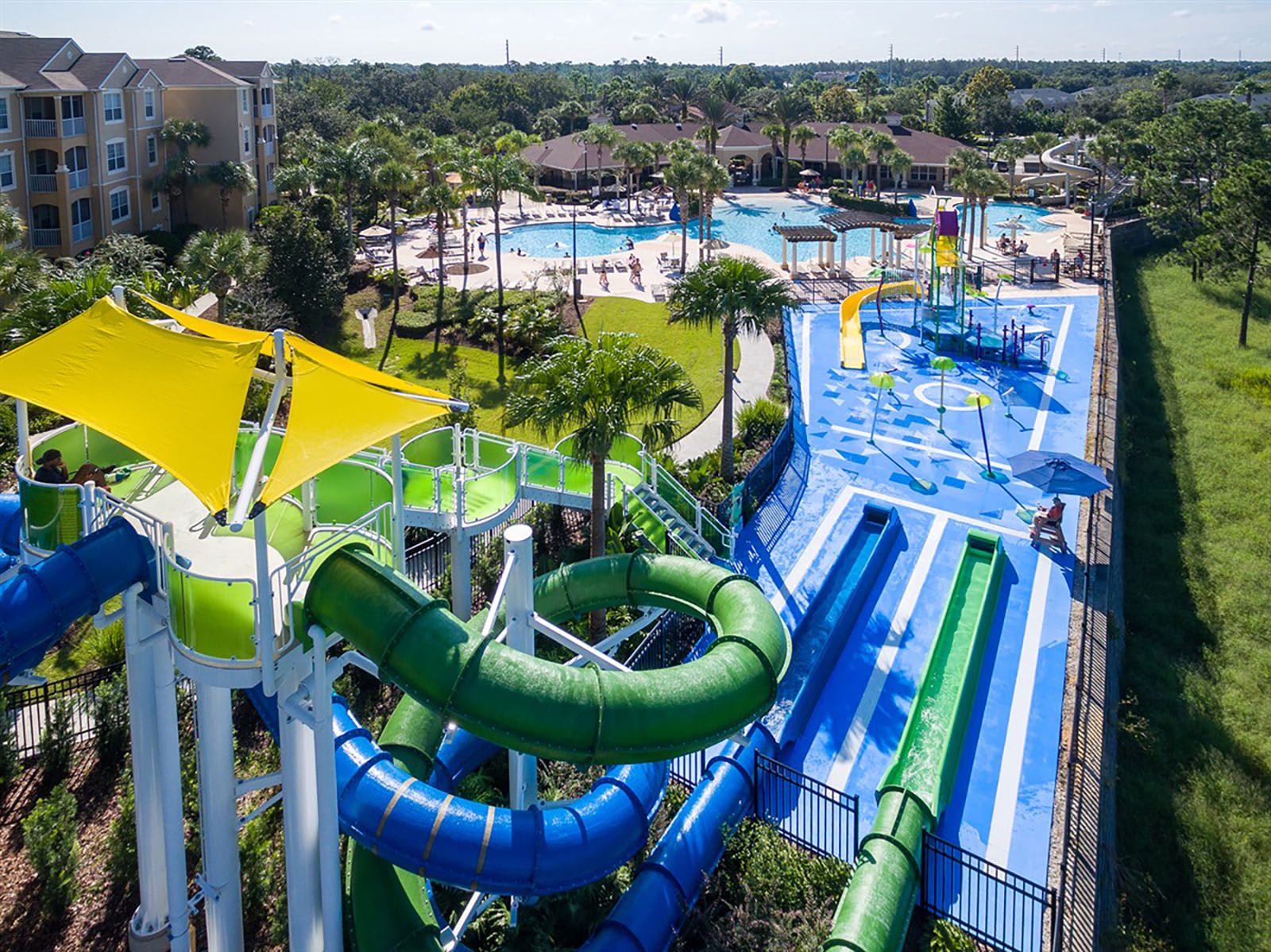 Fun for all! Epic water park with shaded play area and slides.
